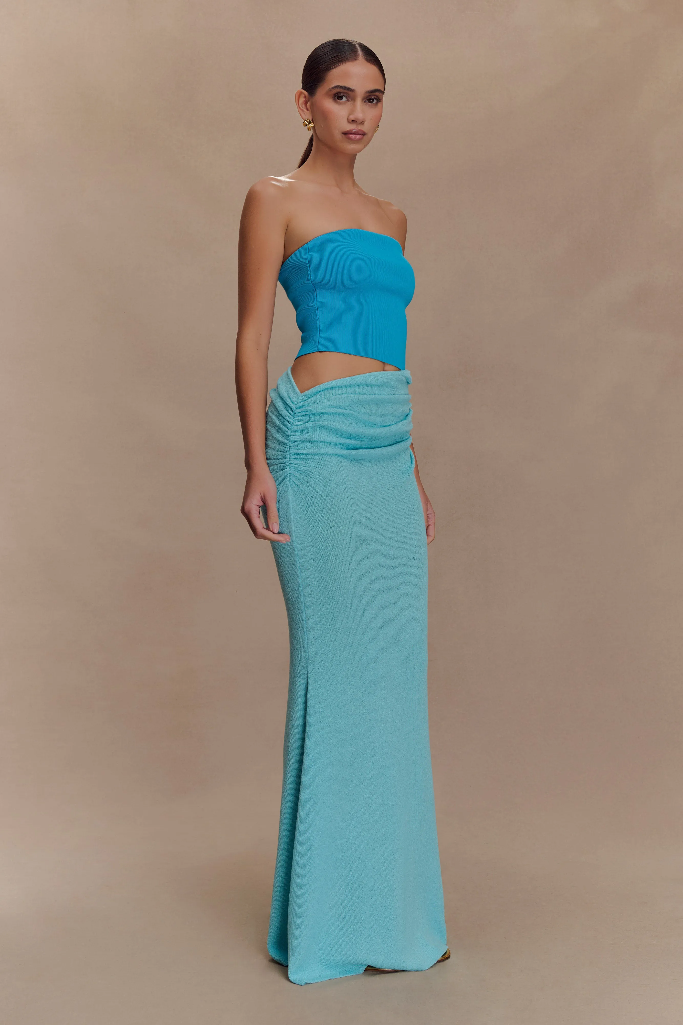 Fine Details Jasiel Strapless Knit Maxi Dress - Cyan Blue