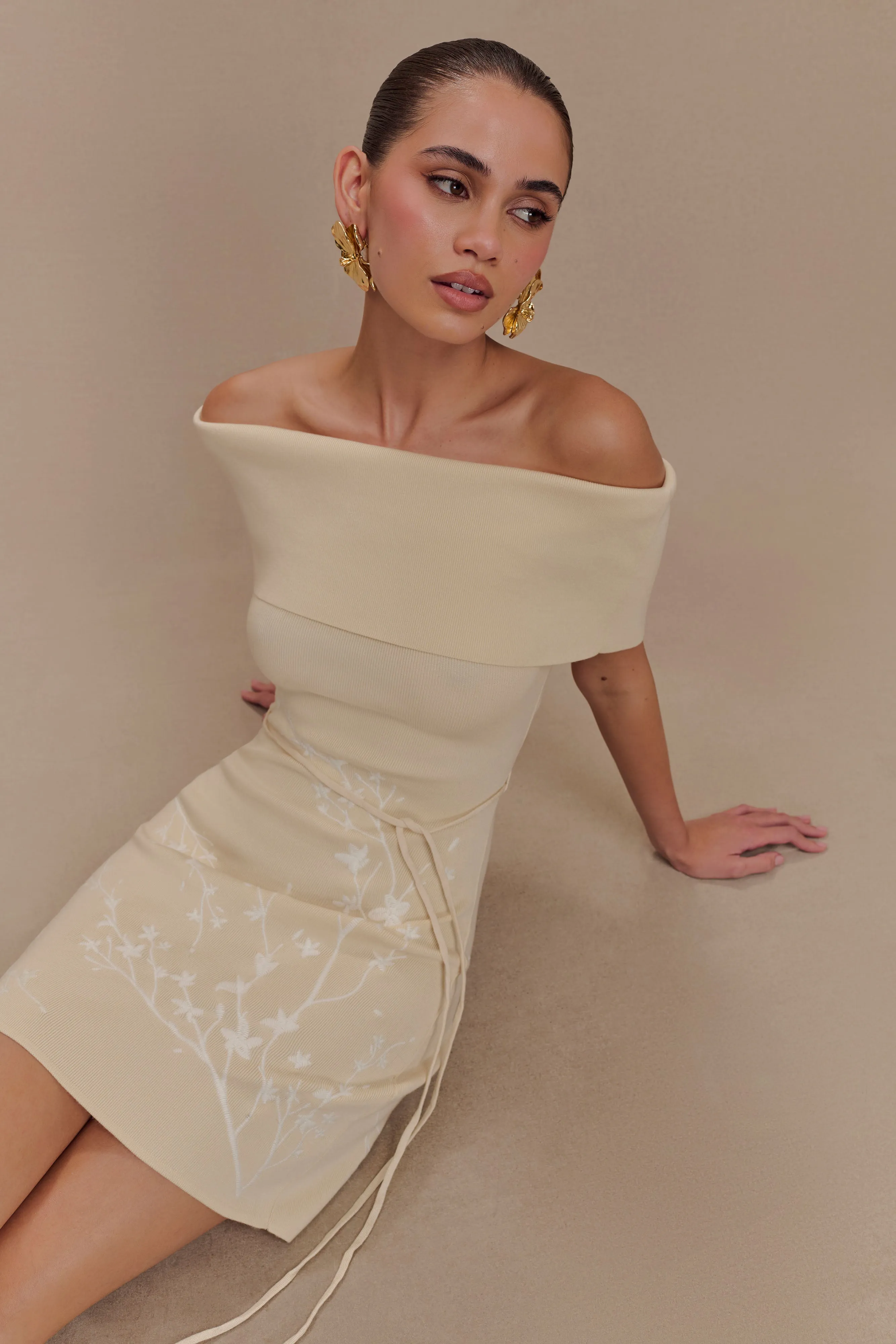 Mallory Off Shoulder Embroidered Knit Mini Dress - Cream And Ivory Trendy Vibes