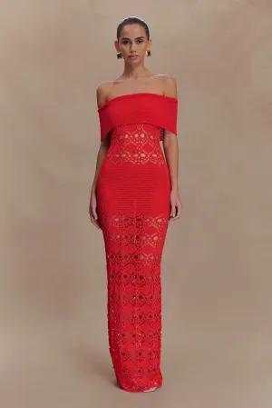 Bold-Color Solstice Off Shoulder Crochet Knit Maxi Dress - Blood Orange