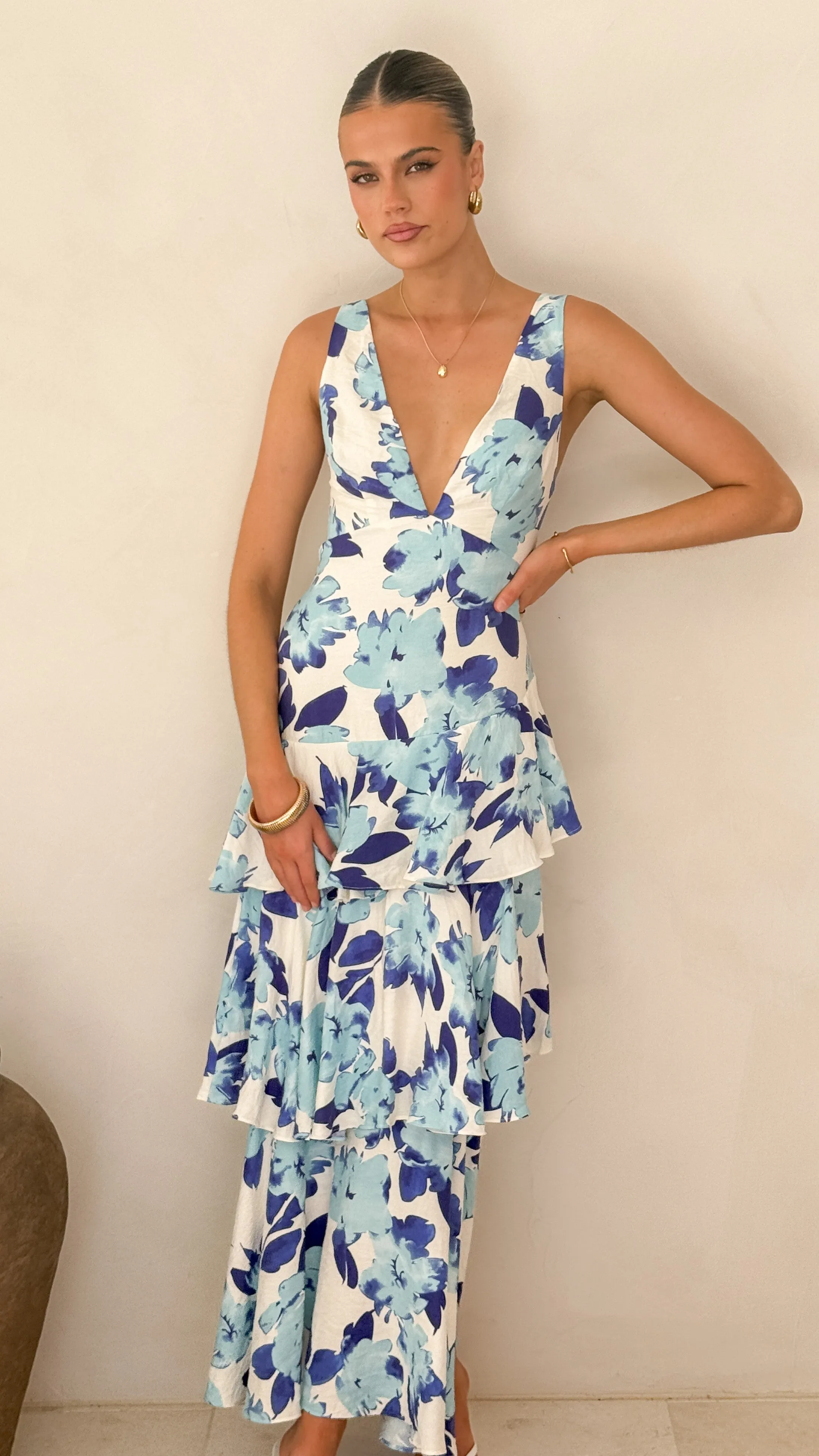 Stasie Maxi Dress - Blue Floral Wrinkle-Resistant Fall Fashion