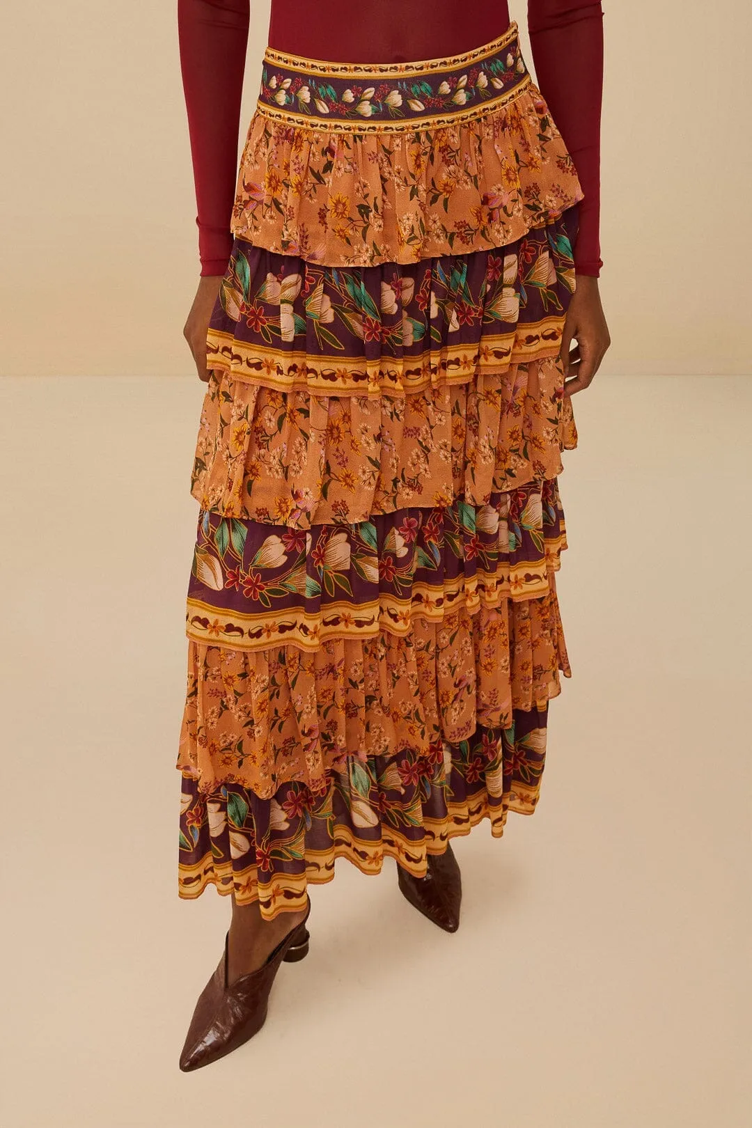 Colorful Birds Camel Ruffles Midi Skirt Style Essential Fold Over Design