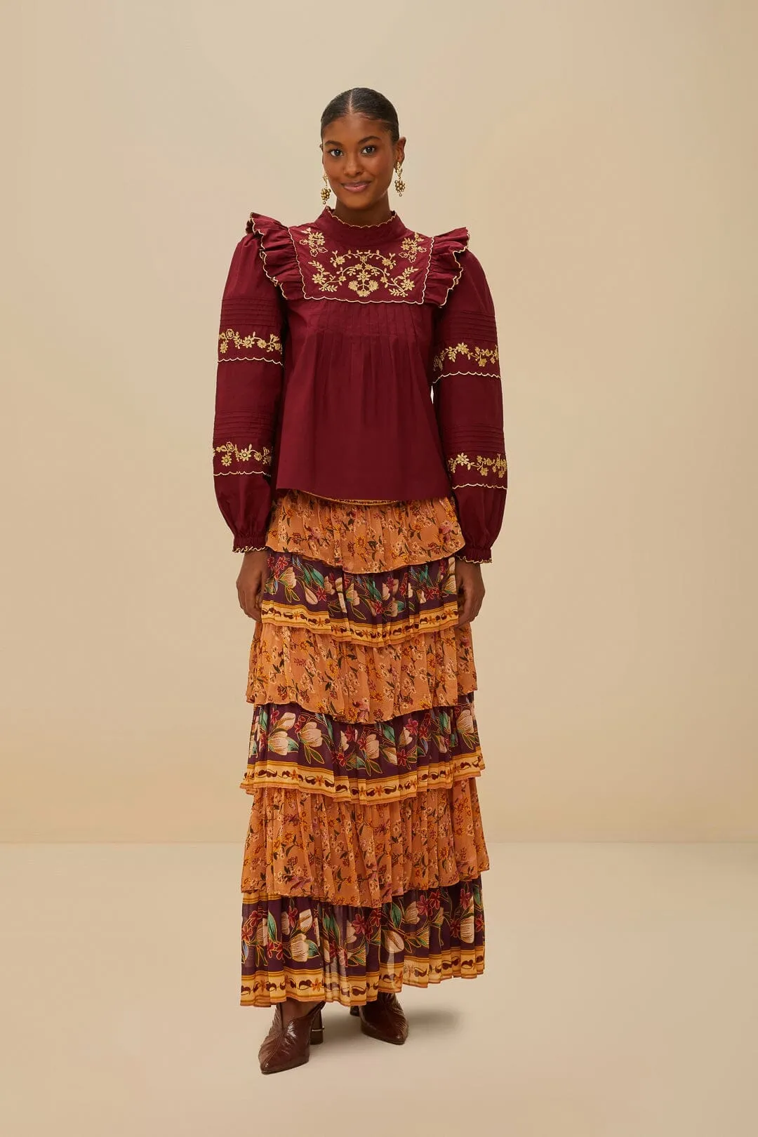 Roll Up Hem Gentle Flow Colorful Birds Camel Ruffles Midi Skirt