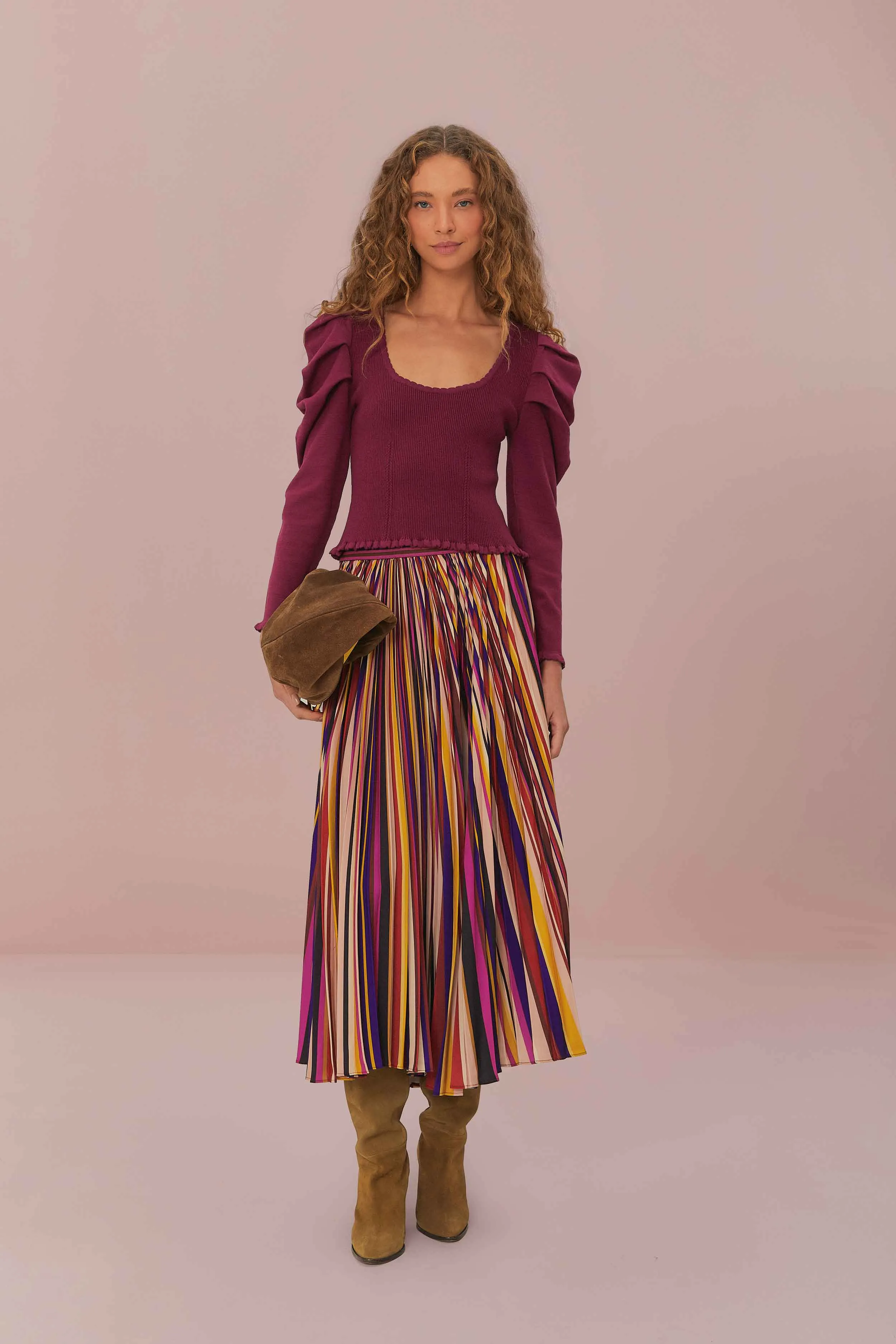 Multicolor Diagonal Stripes Pleated Maxi Skirt Flared hem Modern Design