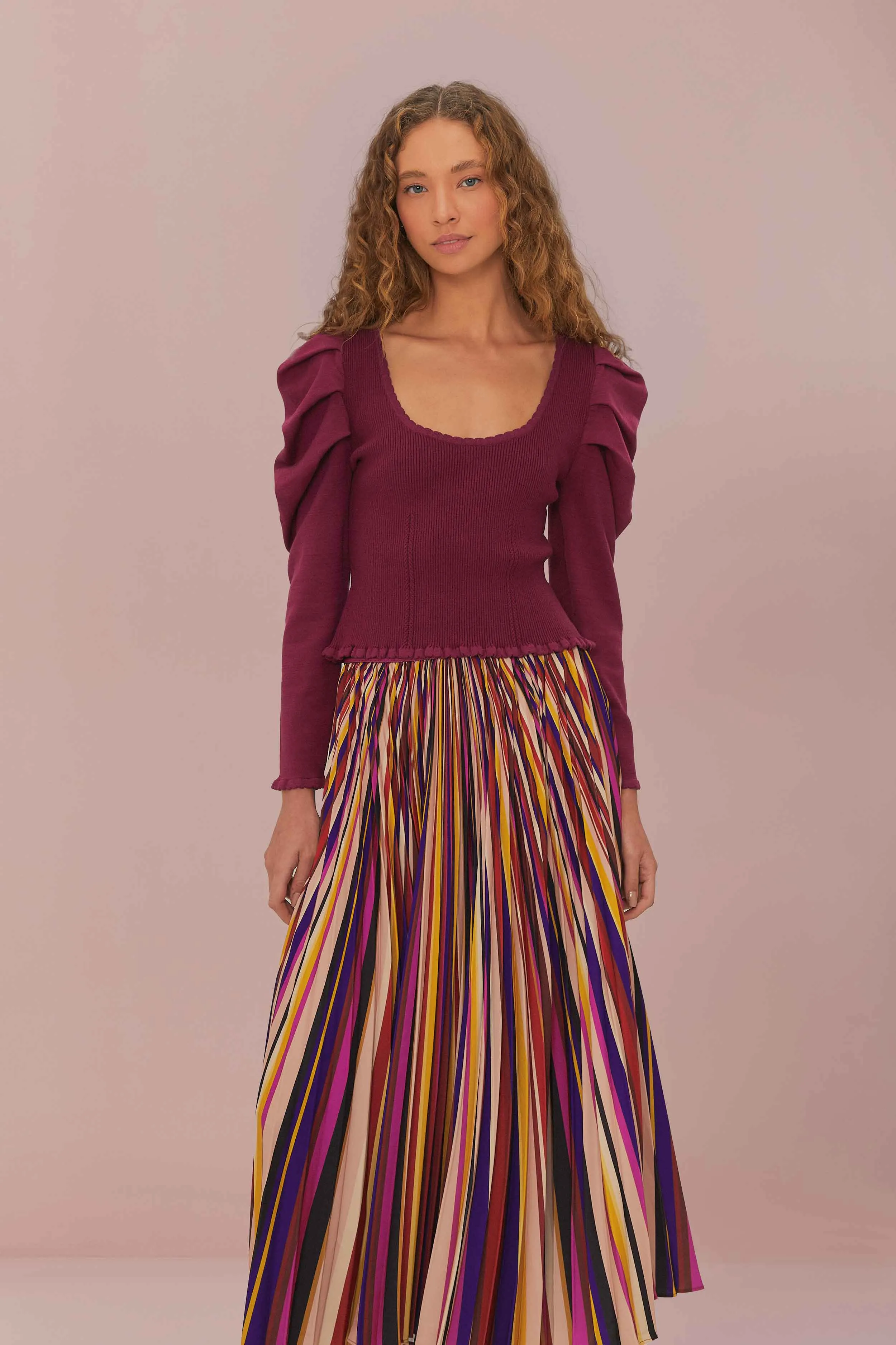 Multicolor Diagonal Stripes Pleated Maxi Skirt Modern Cut Shopping Trip
