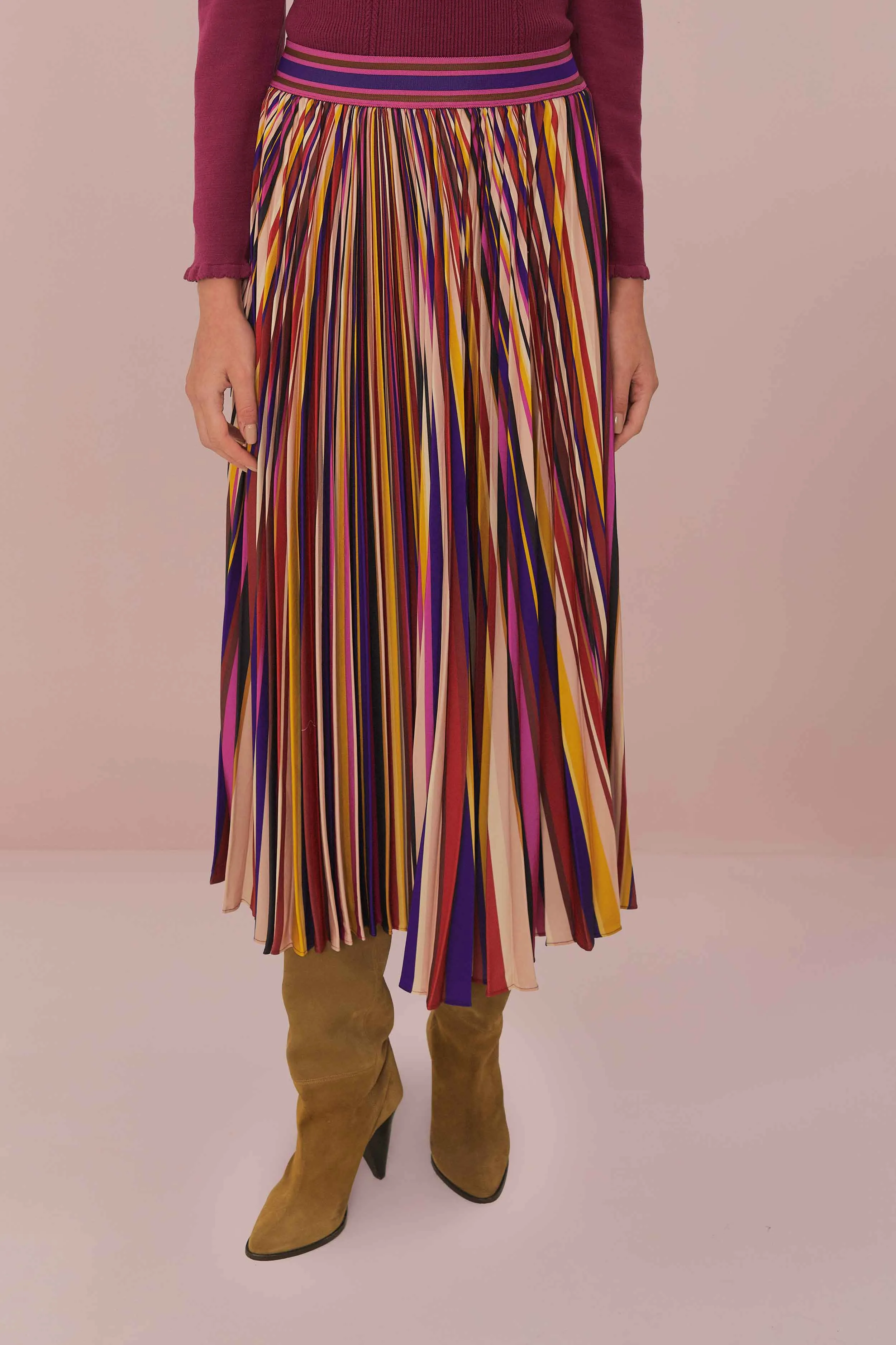 Senior Style Formal Event Multicolor Diagonal Stripes Pleated Maxi Skirt