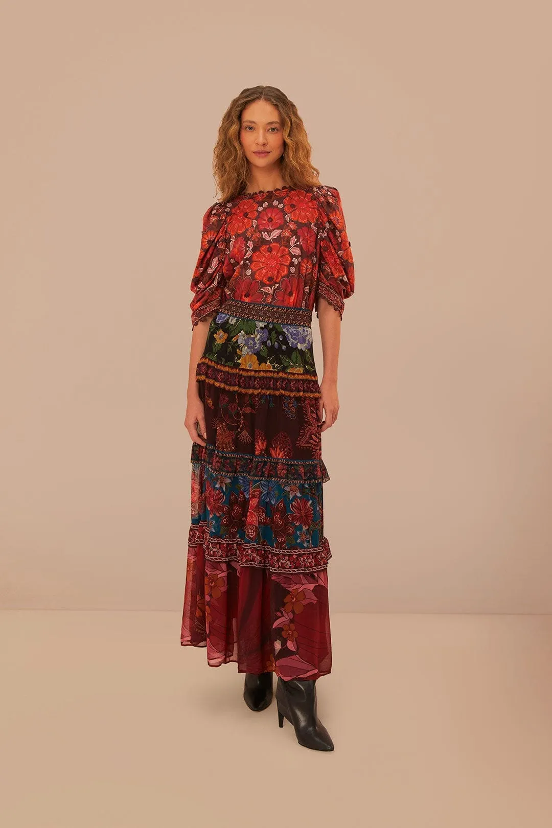 Stretch Waist Cultural Event Floral Mix Ruffle Maxi Skirt