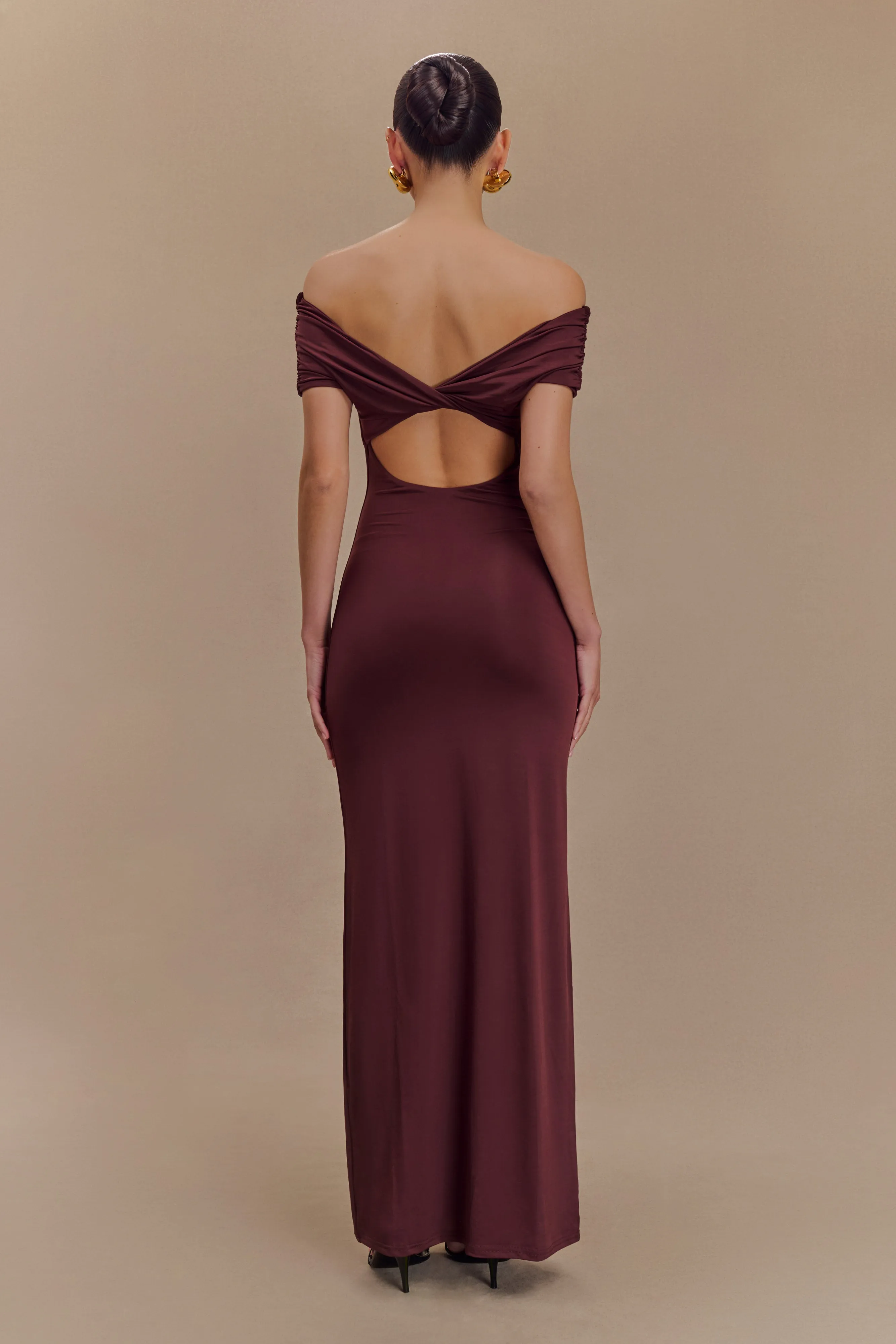 Imogen Off Shoulder Slinky Maxi Dress - Mahogany Formal Occasion Quick Match