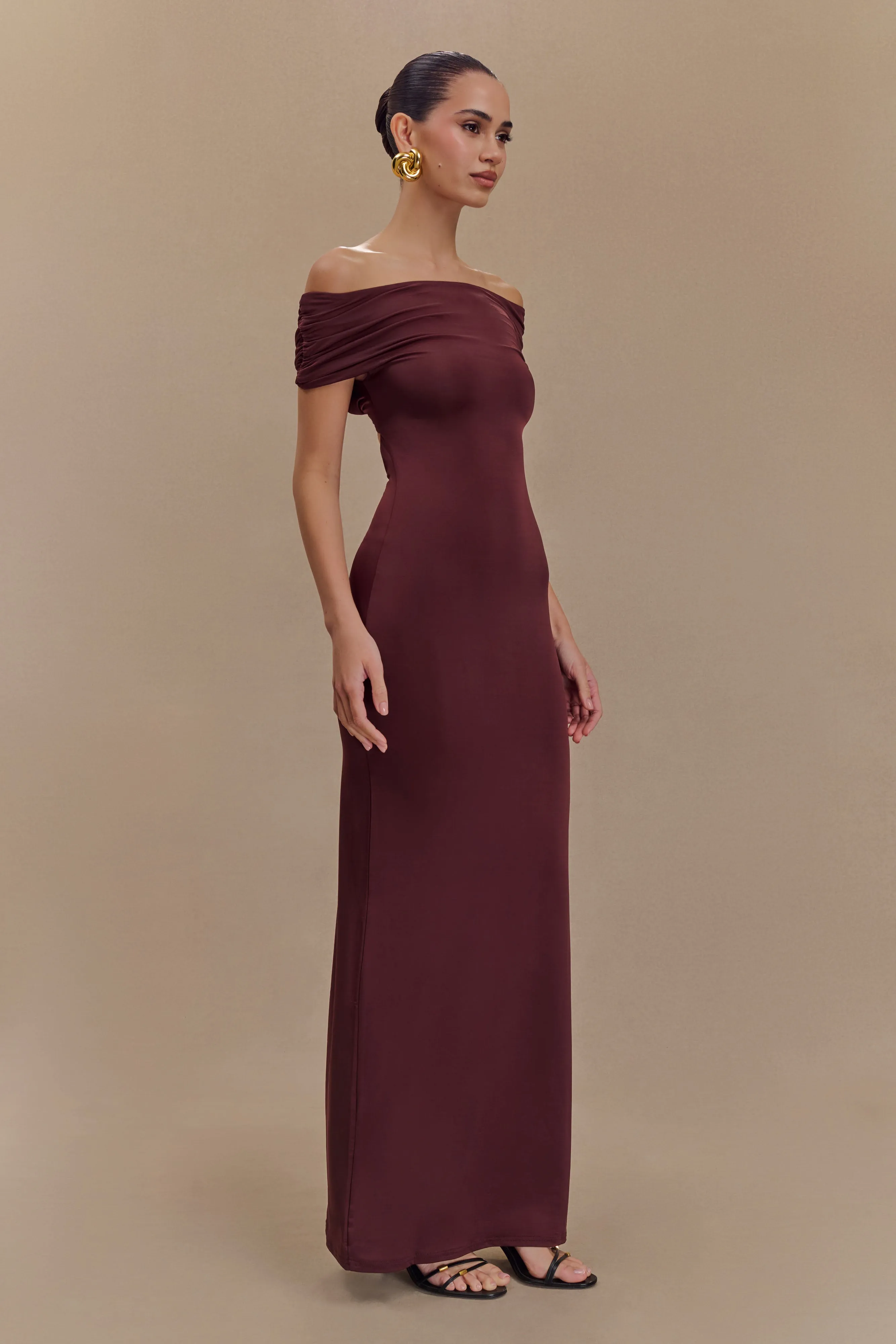 Lined interior Imogen Off Shoulder Slinky Maxi Dress - Mahogany