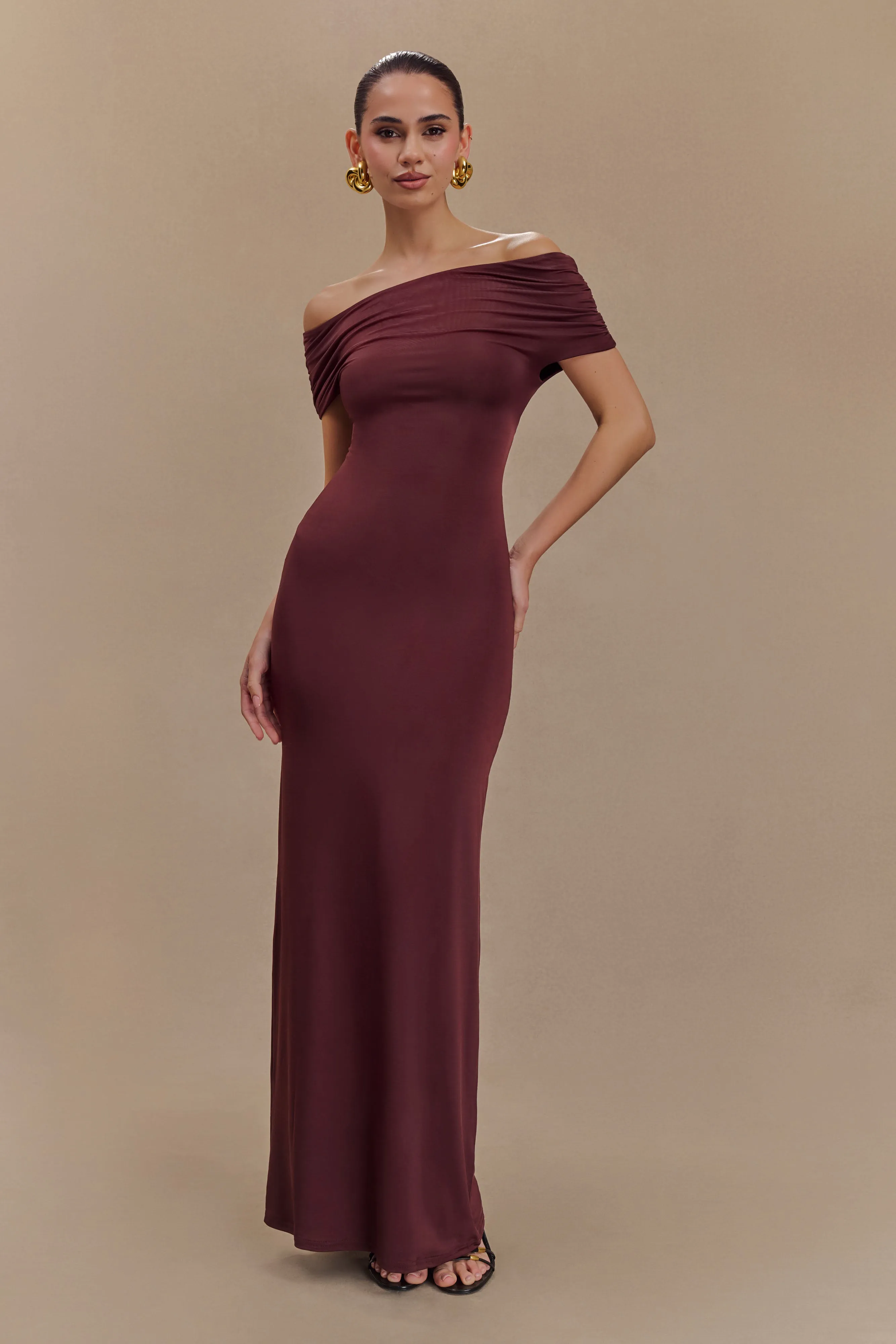 Imogen Off Shoulder Slinky Maxi Dress - Mahogany Fitted waist Easy-Storage