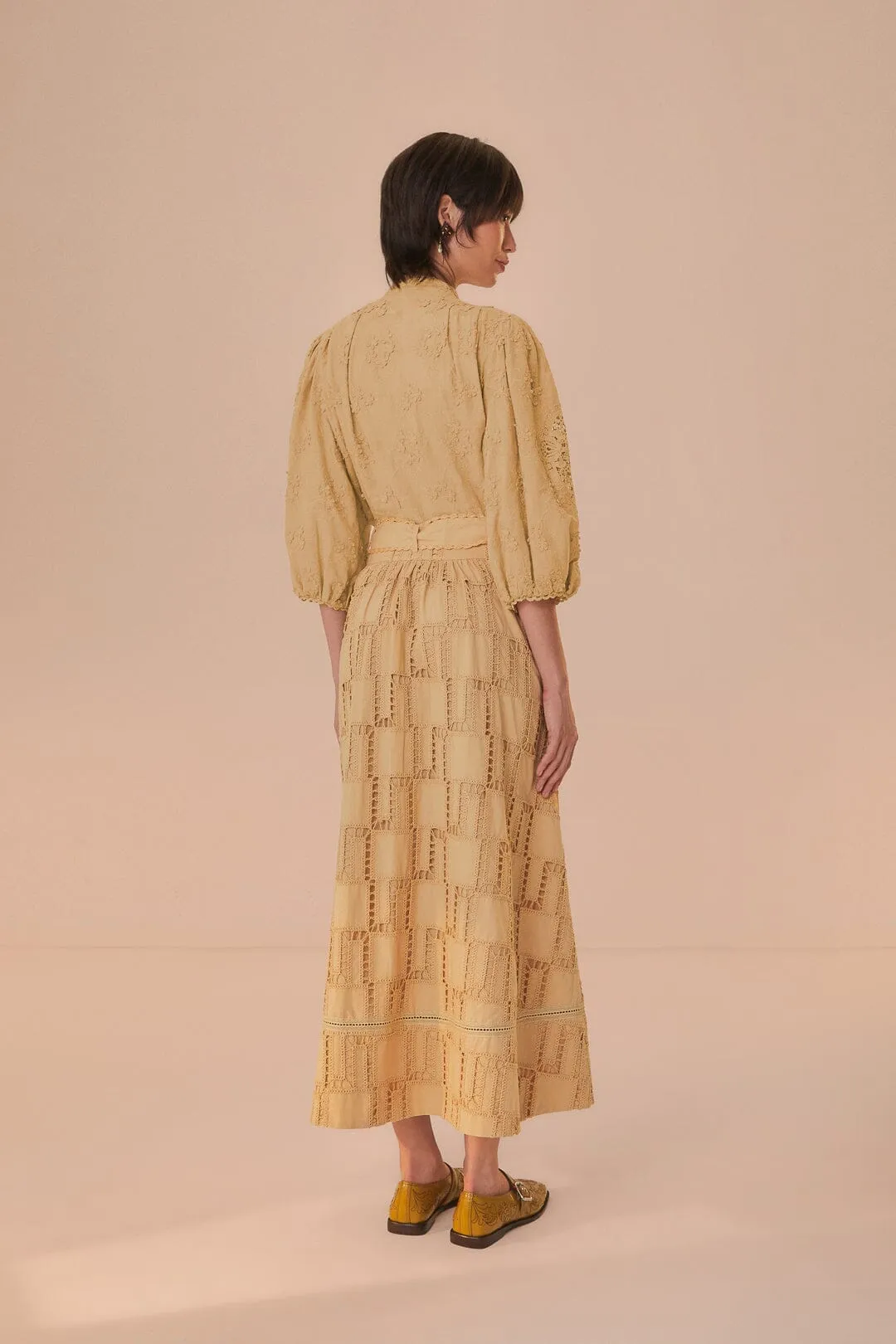 Elegant Texture Airy Look Sand Crochet Midi Skirt