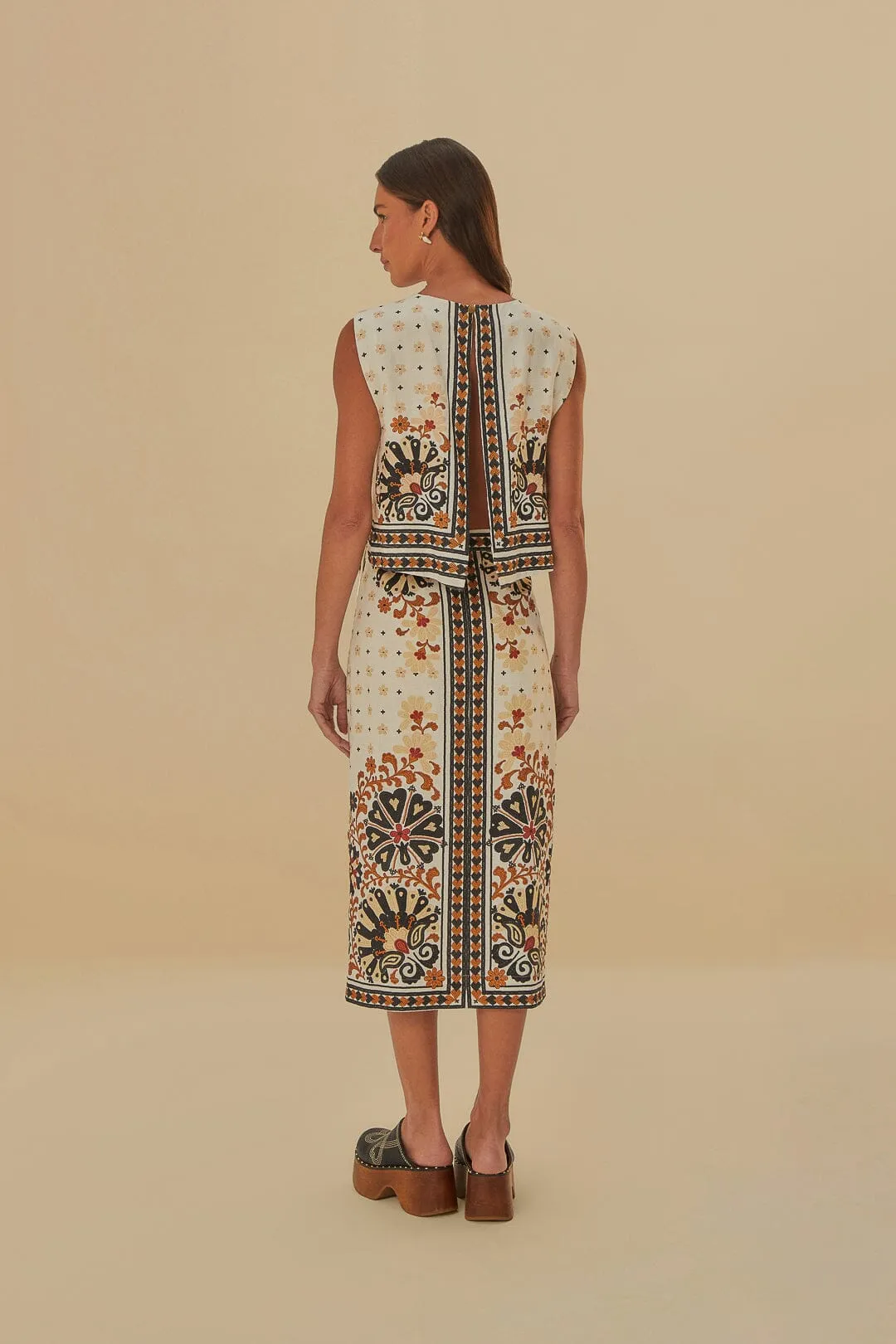 Bold Cut Flower Fan Tapestry Off-White Wrap Midi Skirt