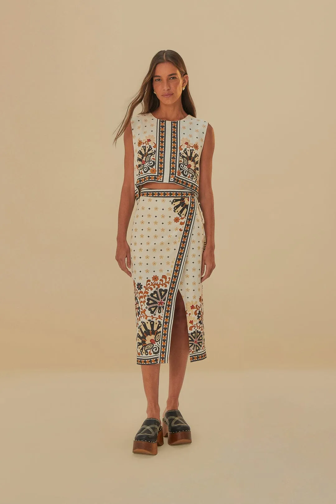 Flower Fan Tapestry Off-White Wrap Midi Skirt Gentle Wear