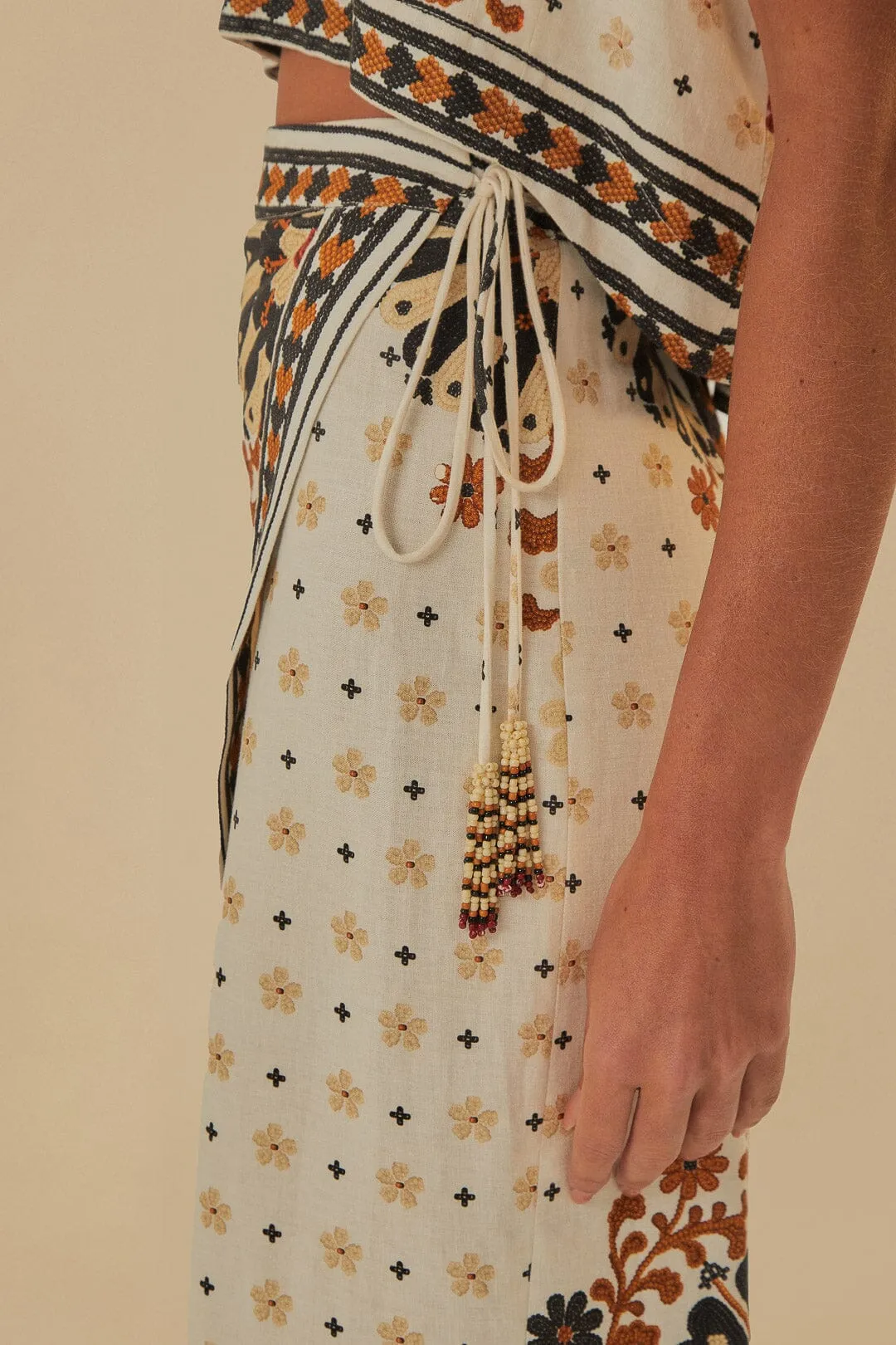 Flower Fan Tapestry Off-White Wrap Midi Skirt Seamless Edging