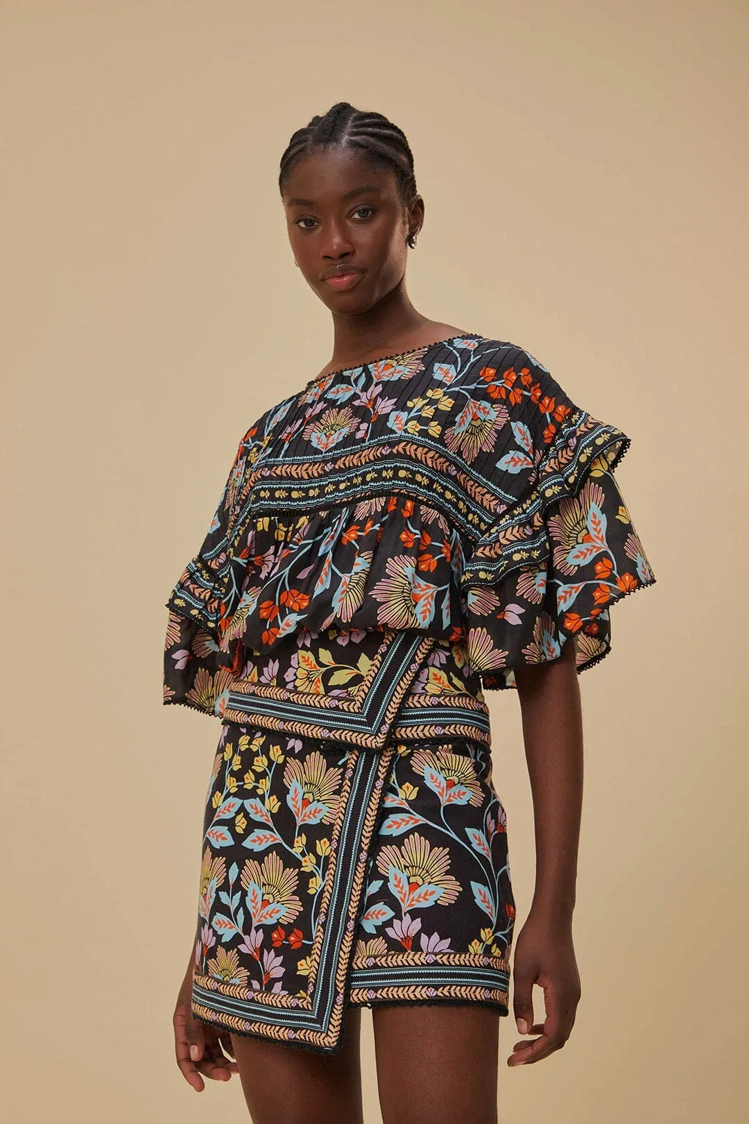 Flowery Black Mini Skirt Faux Leather