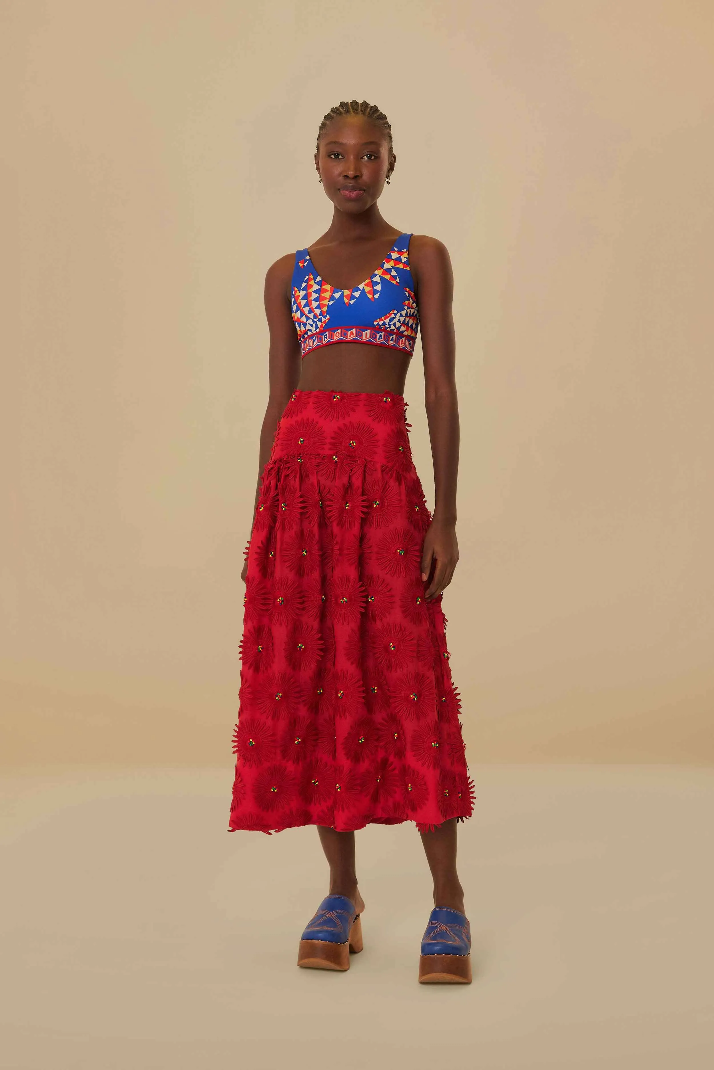 Collaboration Piece Road Trip Red Daisy Flower Midi Skirt