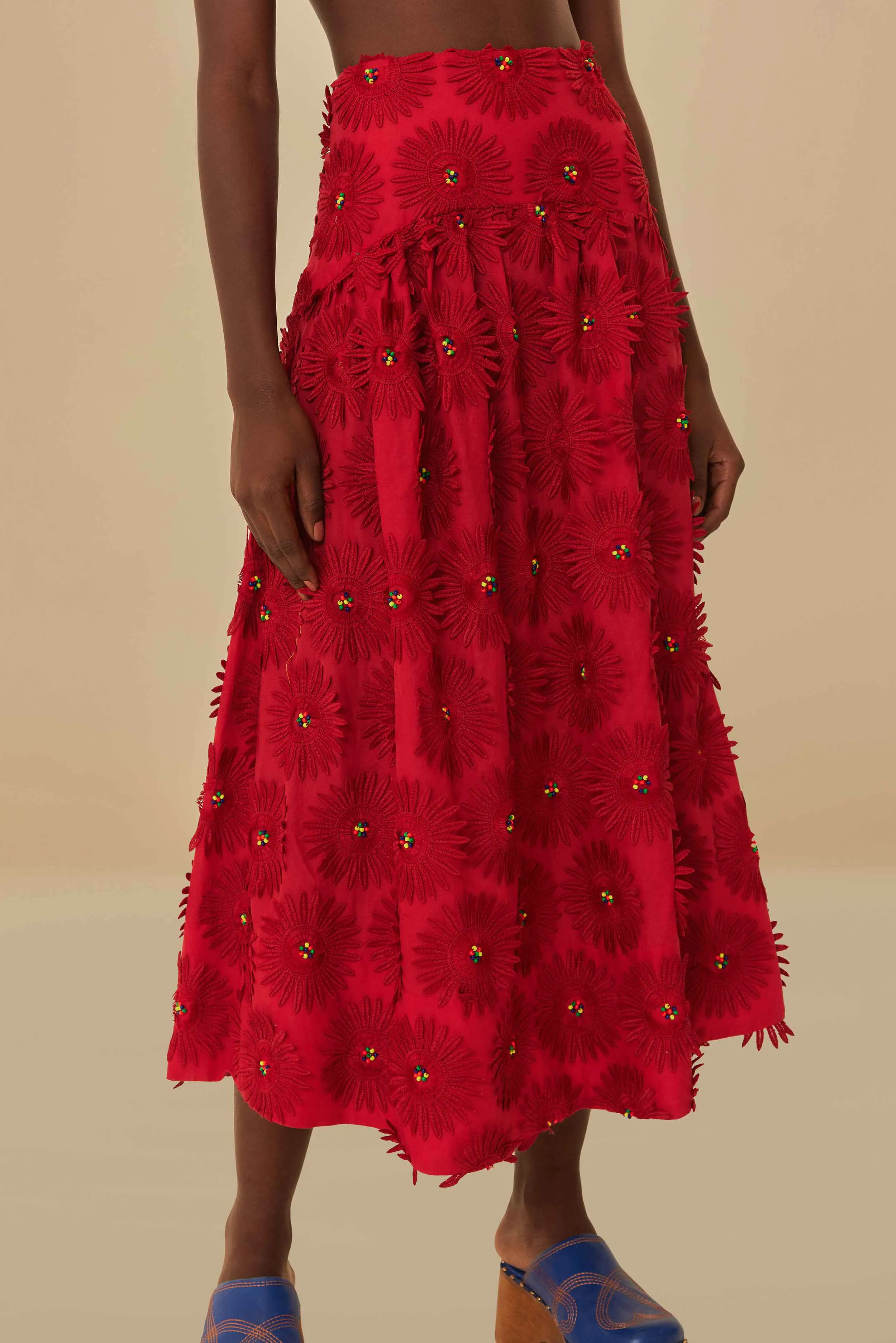 Red Daisy Flower Midi Skirt Two Tone Trim