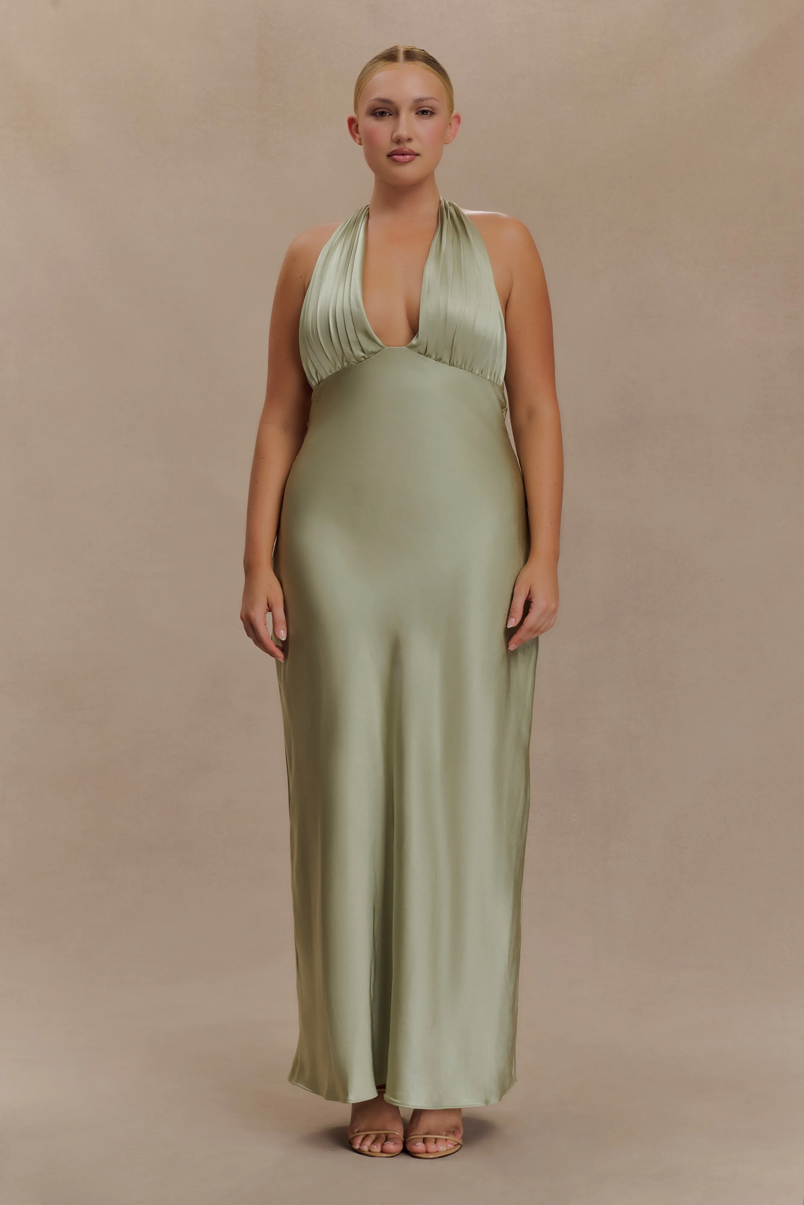 Alice Satin Halter Maxi Dress - Sage Flattering Waist Design