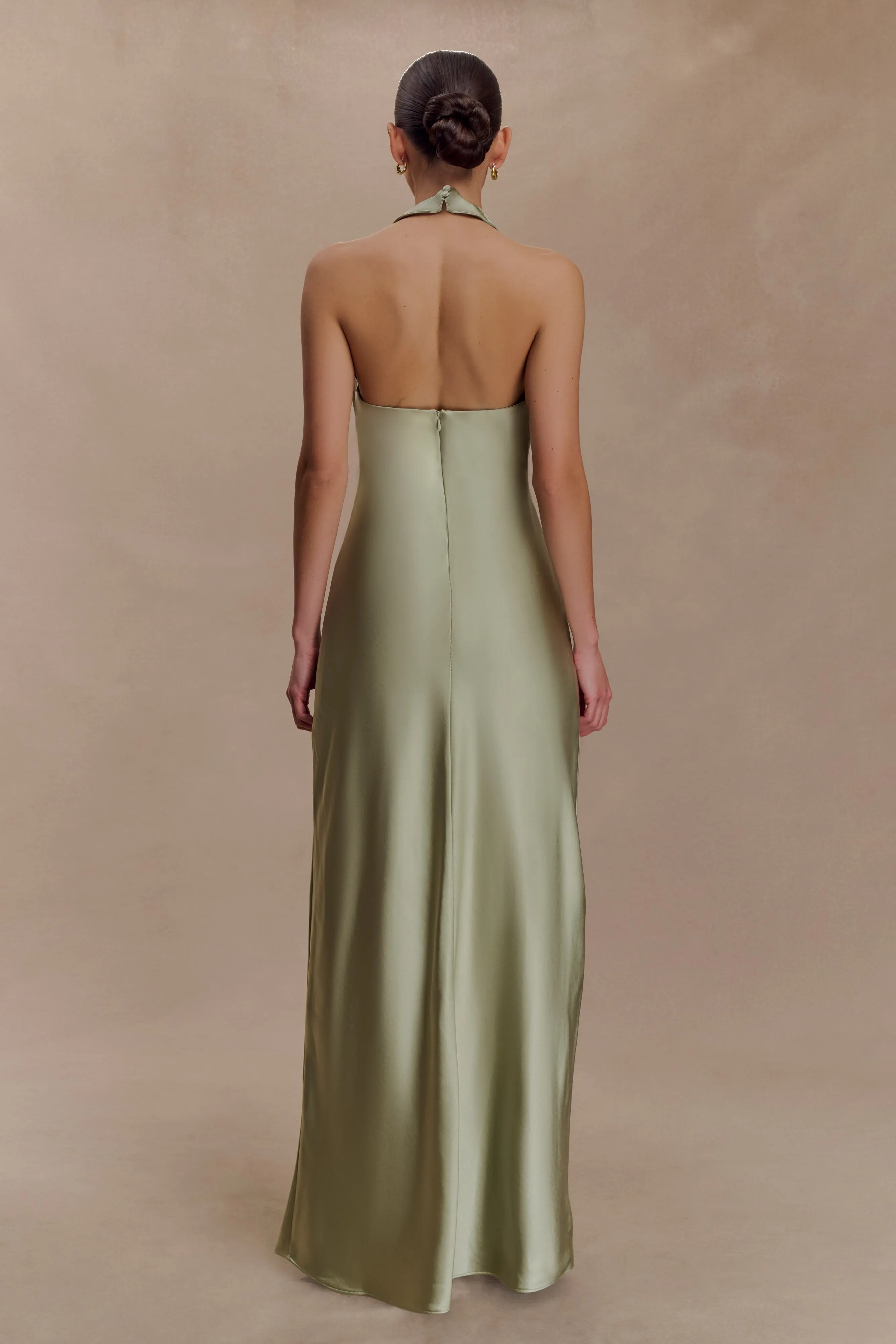 Alice Satin Halter Maxi Dress - Sage Midi-Length