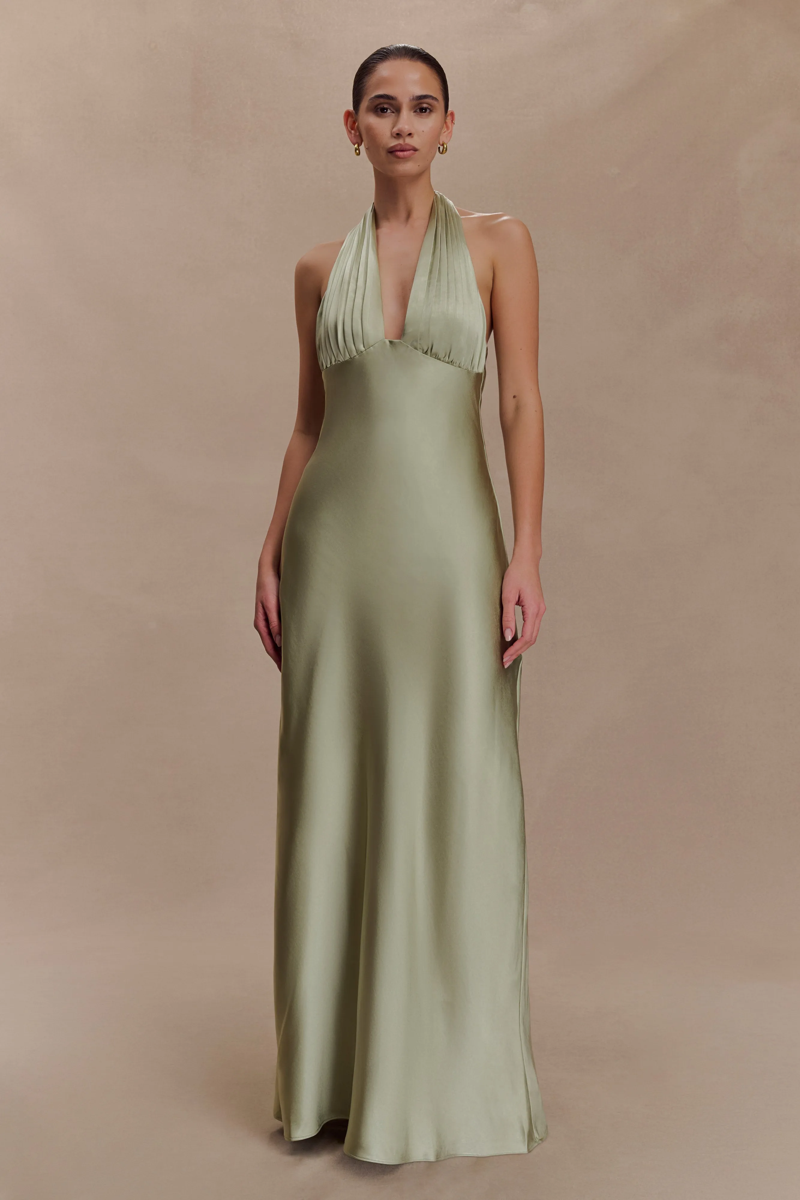 Flowing Lines Subtle Look Alice Satin Halter Maxi Dress - Sage