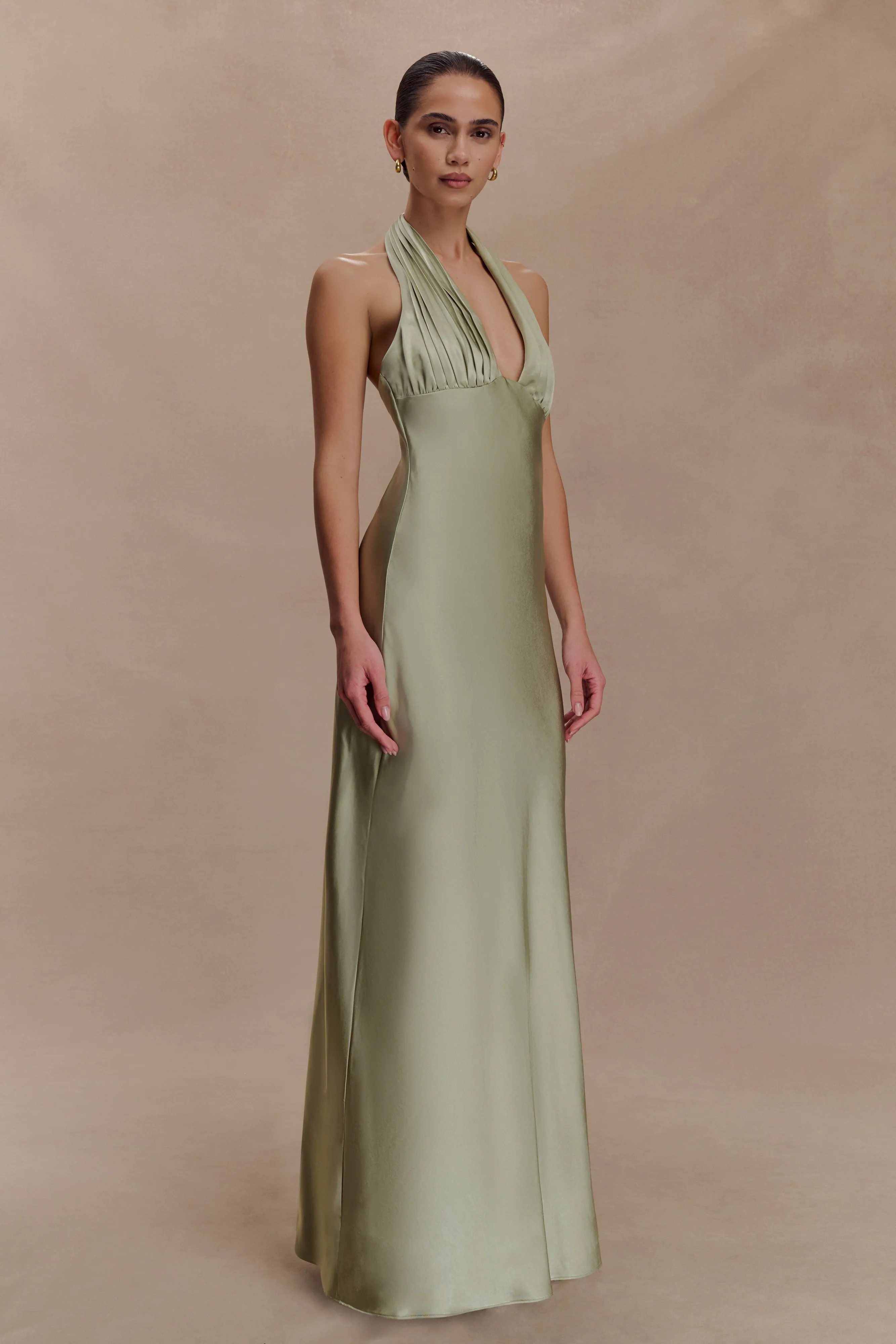 Layered Form Alice Satin Halter Maxi Dress - Sage