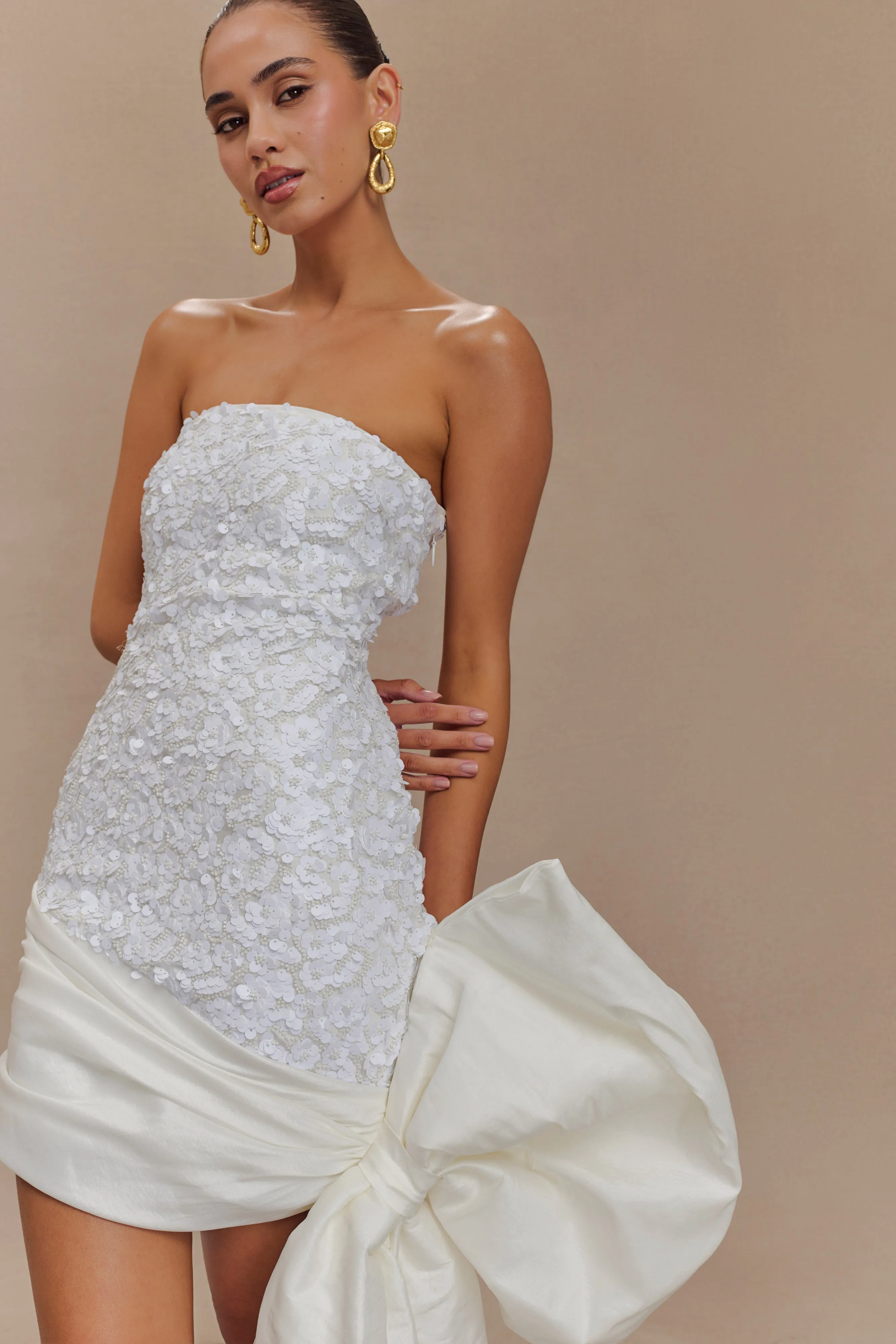 Franka Strapless Bow Mini Dress - White Evening Classic