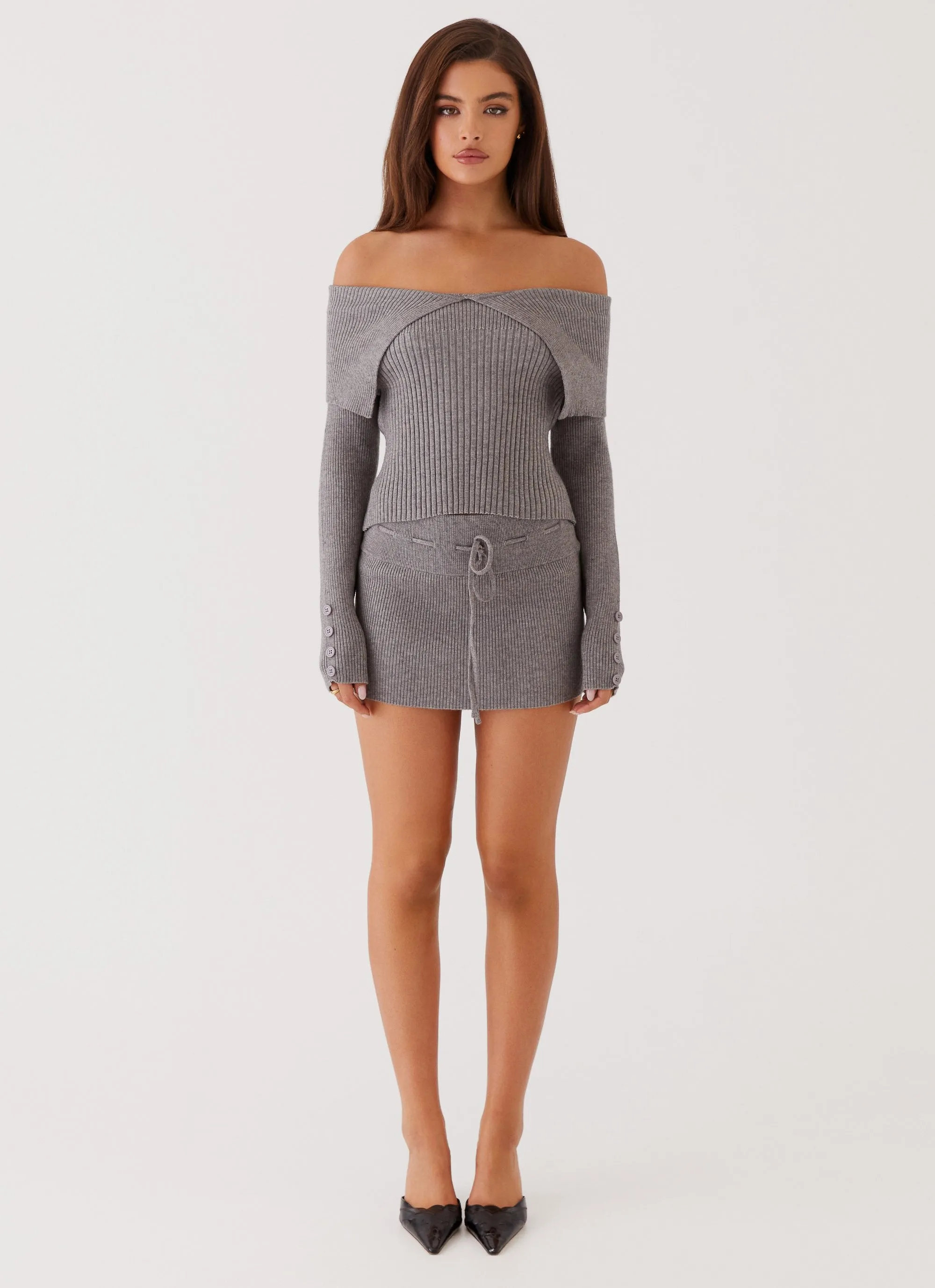Frankie Arrow Knit Long Sleeve Top - Charcoal Subtle Detail Morning Chill
