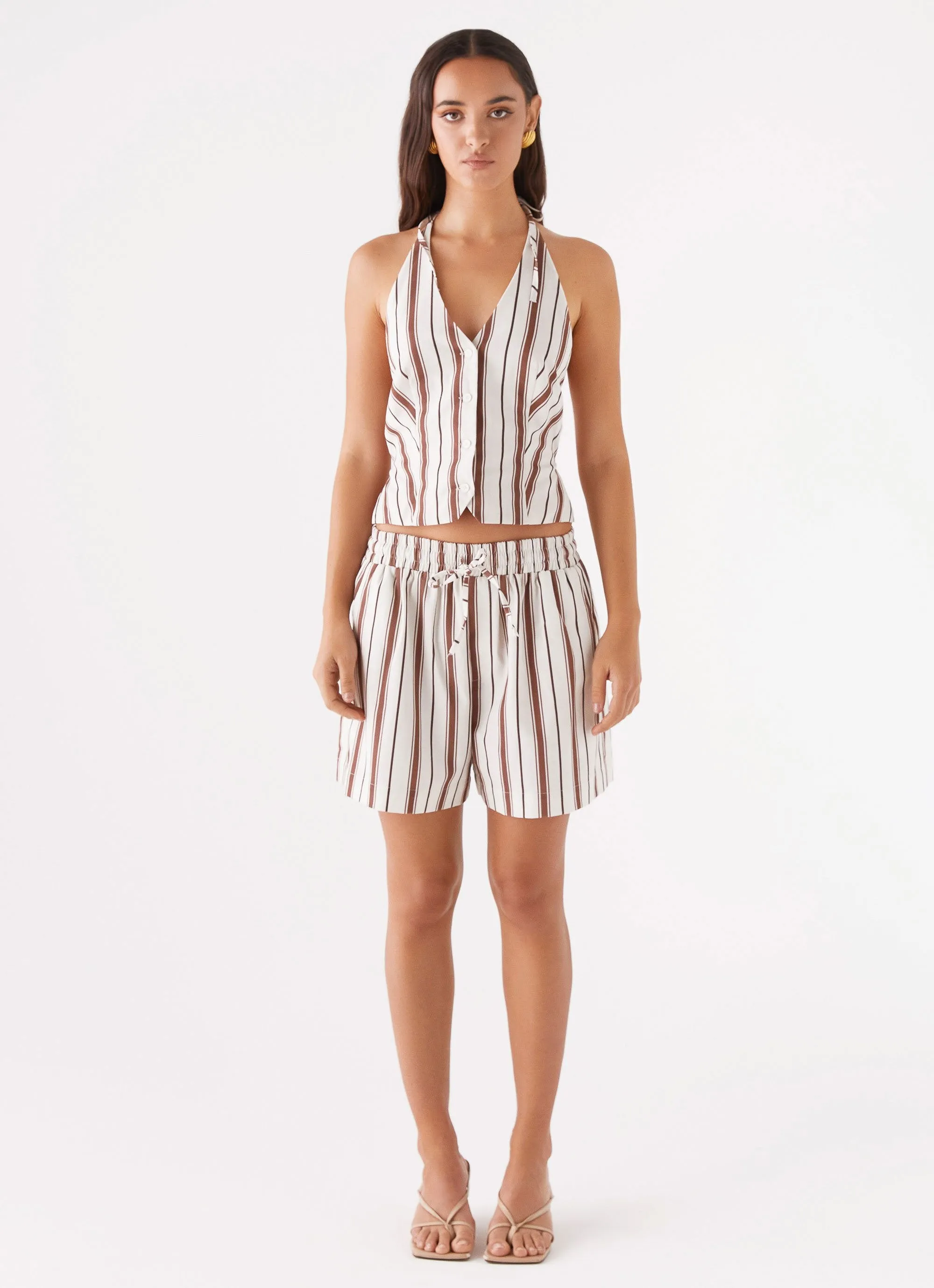 Kristen Linen Drawstring Shorts - Brown Stripe Floral Print Odor Control Technology