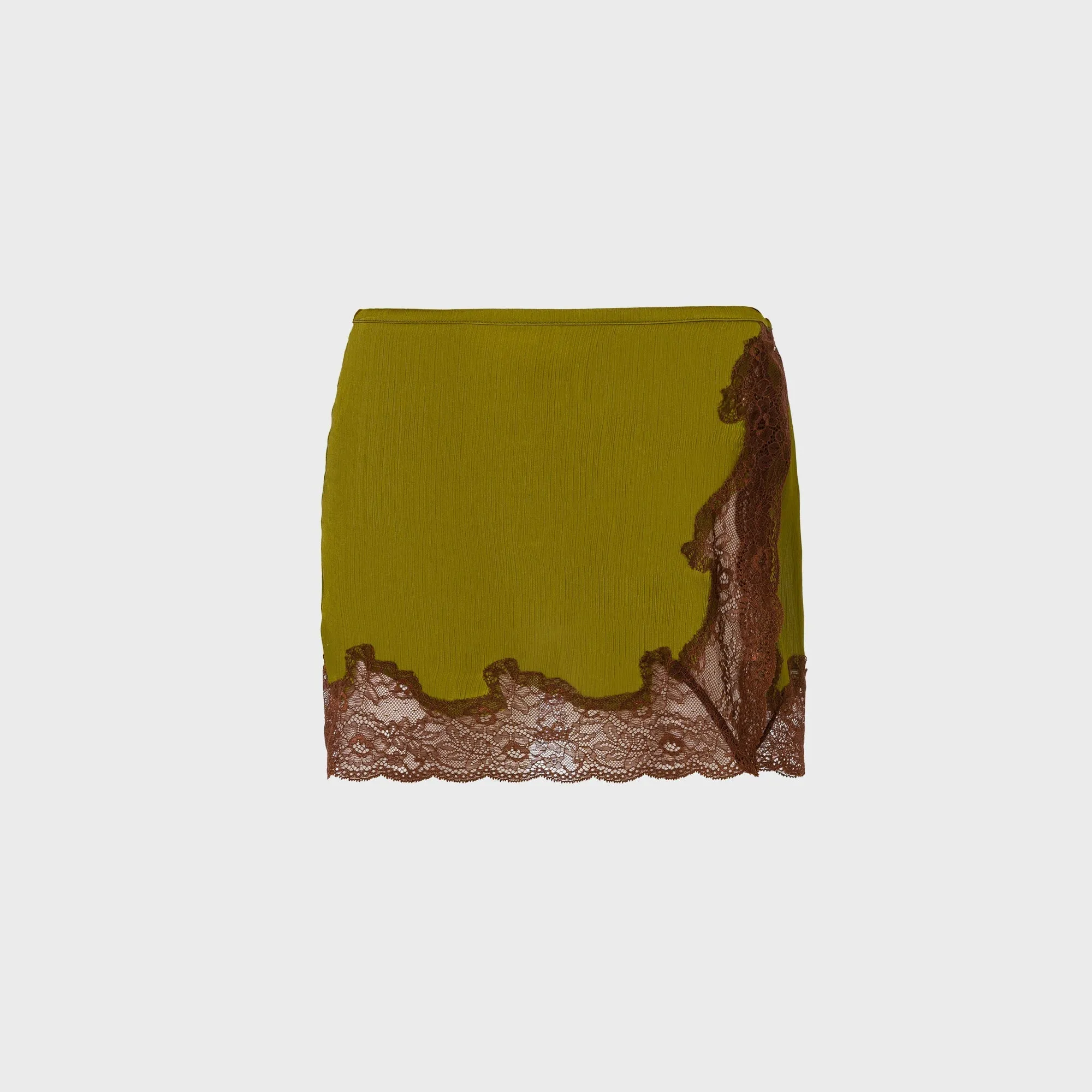 Siedres Lace-Trimmed Satin Mini Skirt - Khaki Outfit Game Mini length