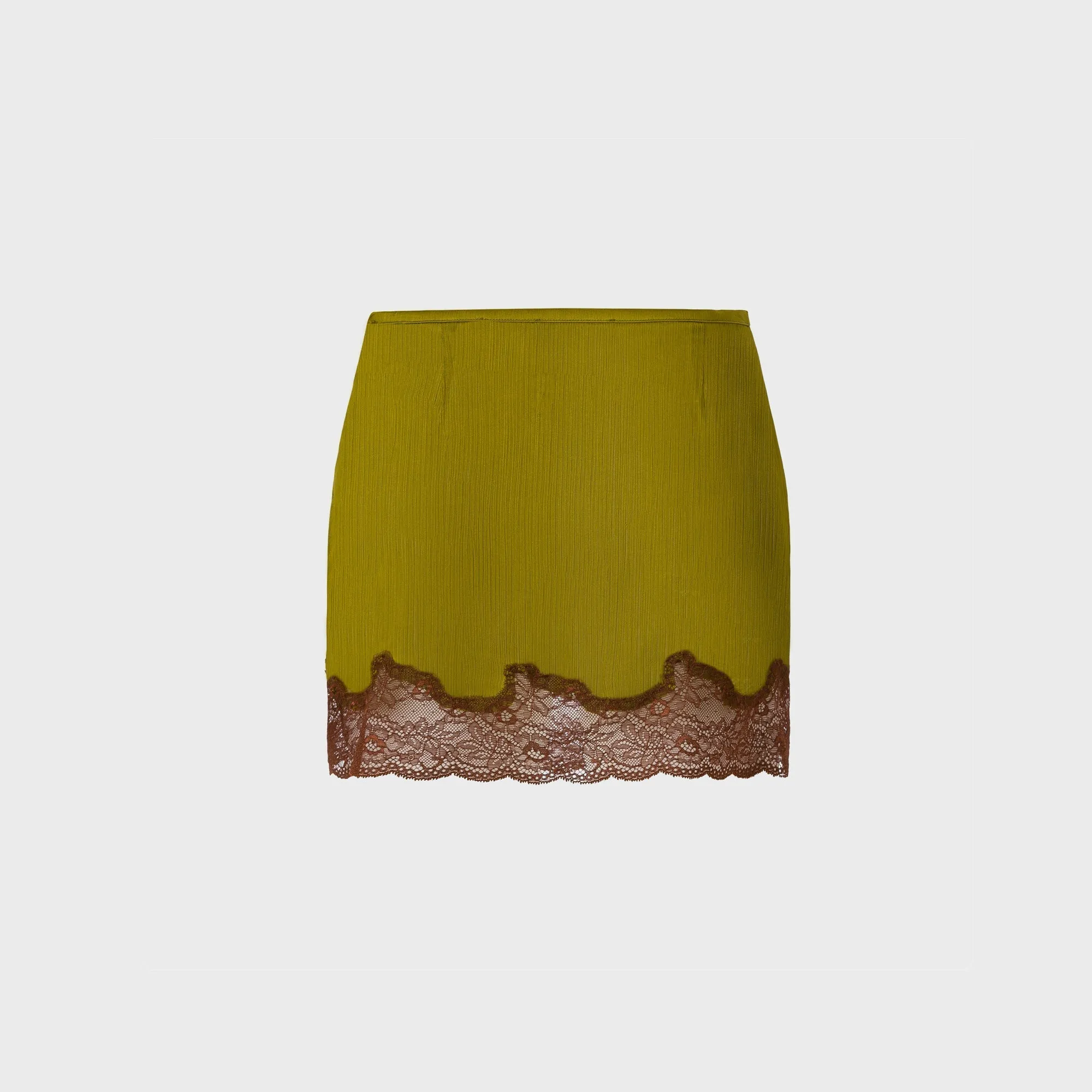 Designer Inspired Outfit Combo Siedres Lace-Trimmed Satin Mini Skirt - Khaki
