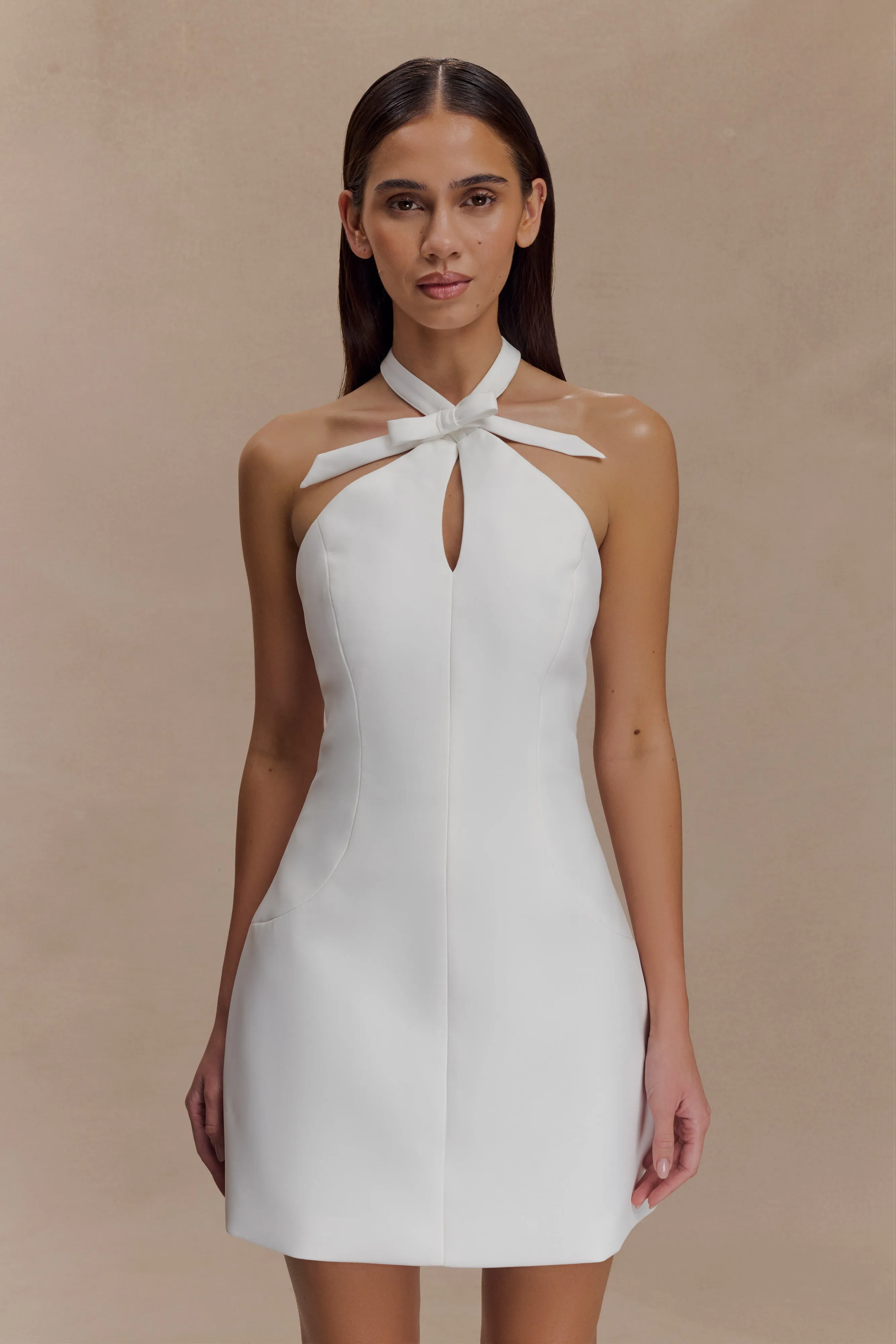 Freya Halter Bow Mini Dress - Ivory Neutral Form Work Ease