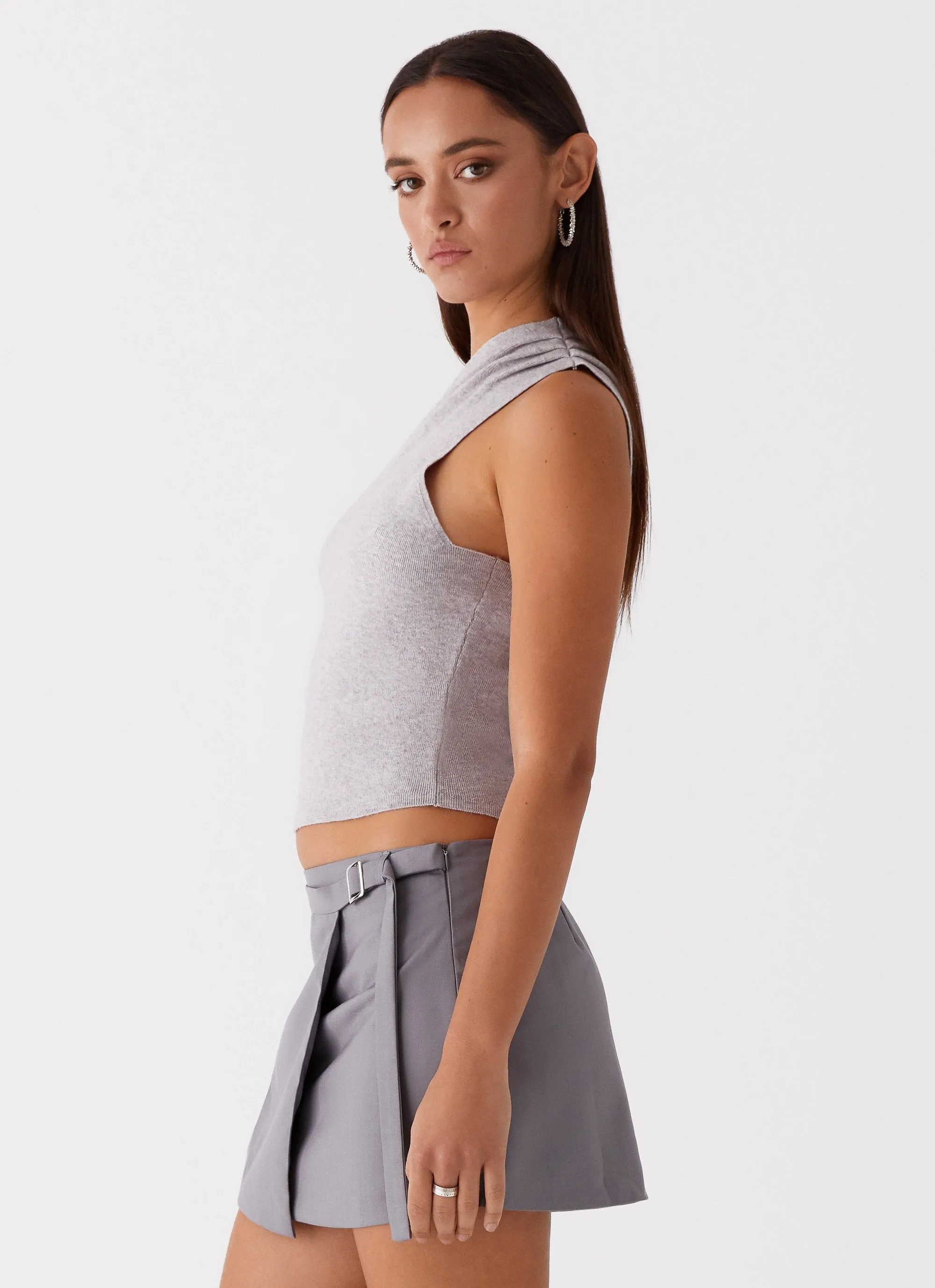Daily Warmth Indy One Shoulder Knit Top - Grey