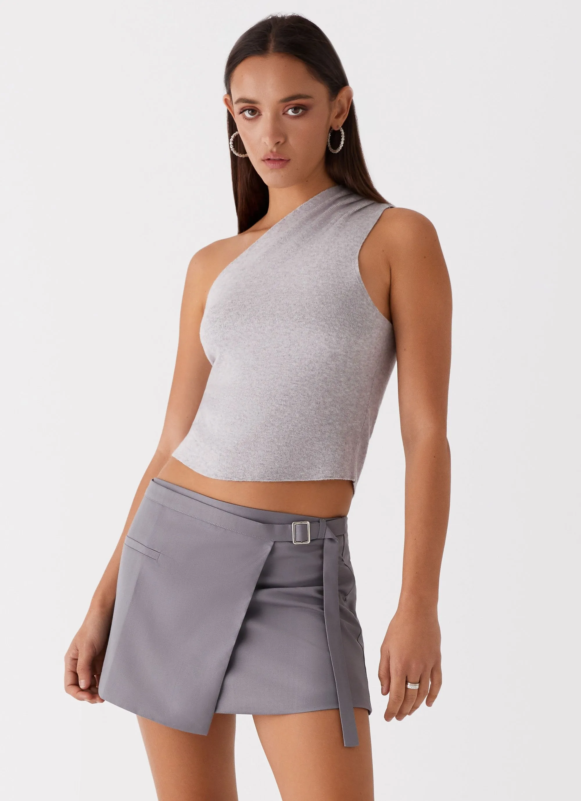 Twisted Cable Pattern Lounge Vibe Indy One Shoulder Knit Top - Grey