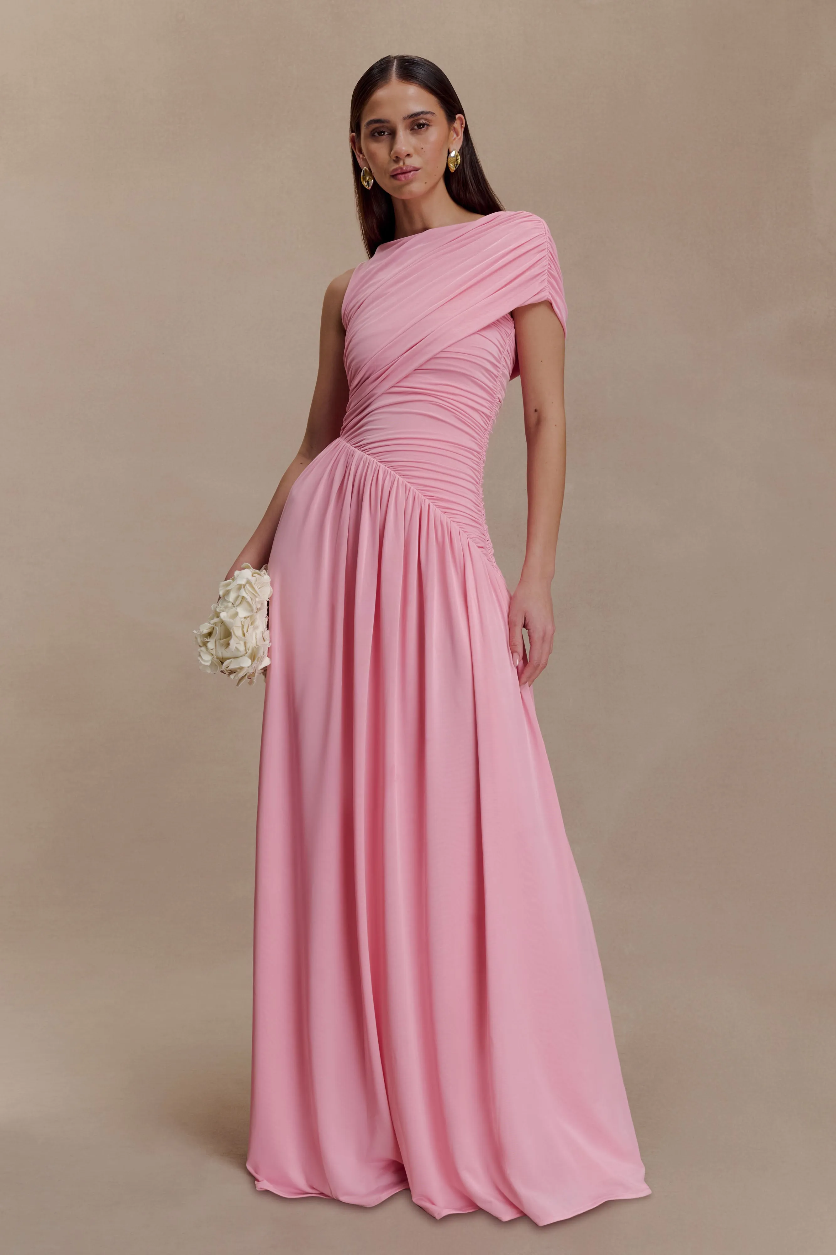 Side Ruching Winter Wrap Ayeshya Slinky Asymmetric Maxi Dress - Candy Pink