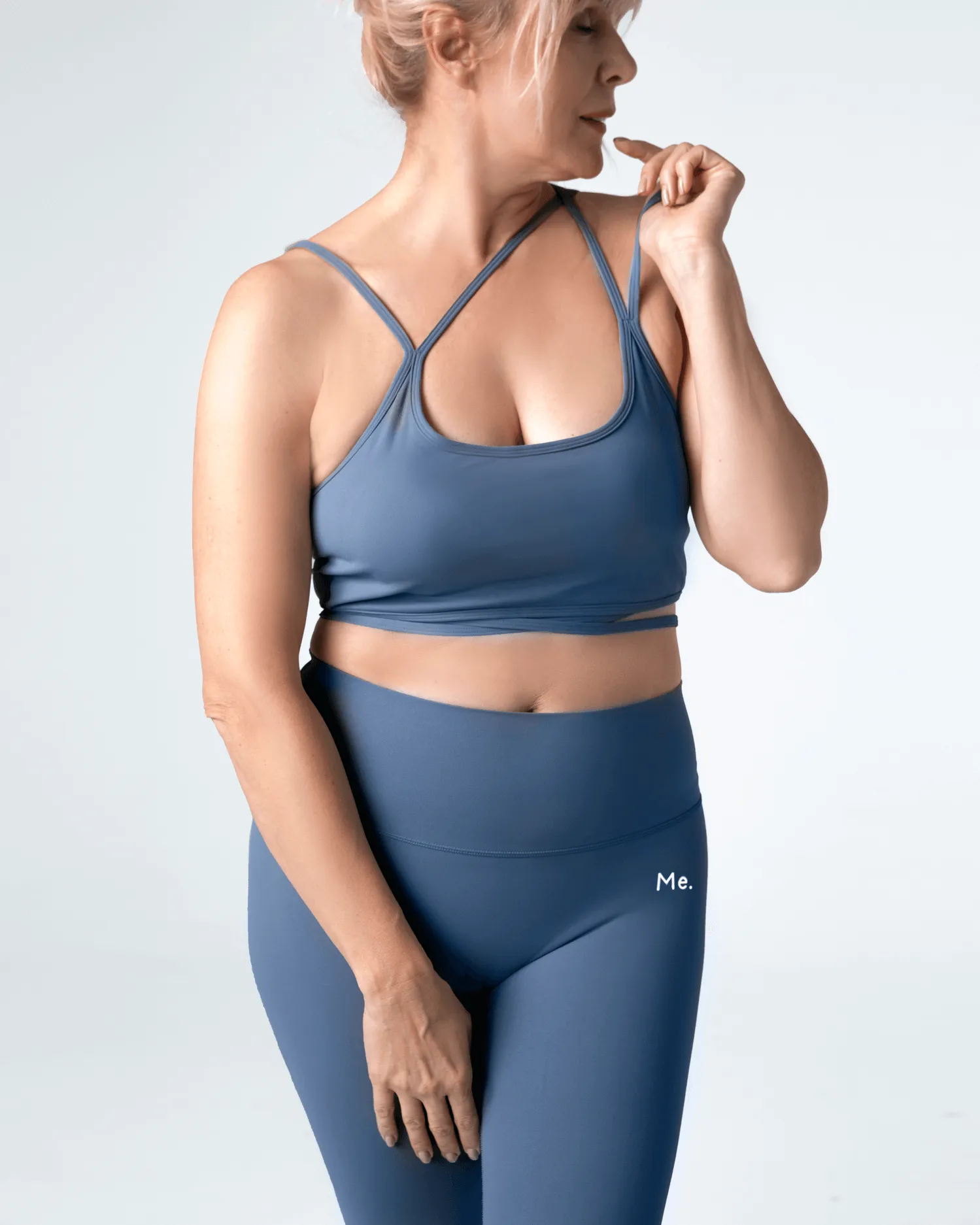 Minimalist fitness clothing Neutral Iris Blue Strappy Front Top