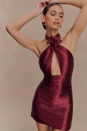 Nylah Beaded Halter Mini Dress - Burgundy Draped Fabric