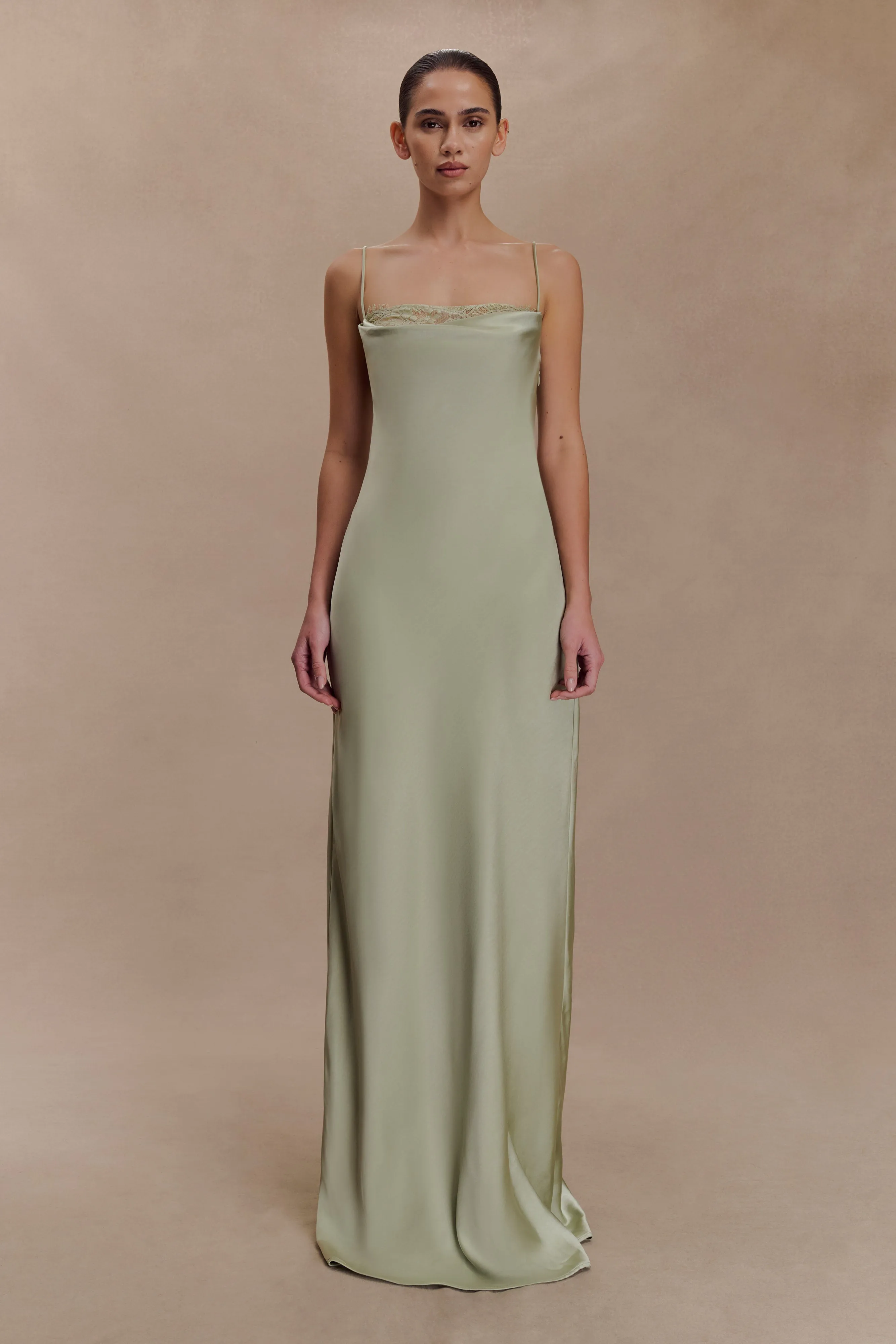 Isadora Lace & Satin Maxi Dress - Sage Cozy Flex Silky texture