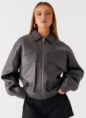Sporty Touch Reinforced Elbows Lula Faux Leather Bomber Jacket - Charcoal