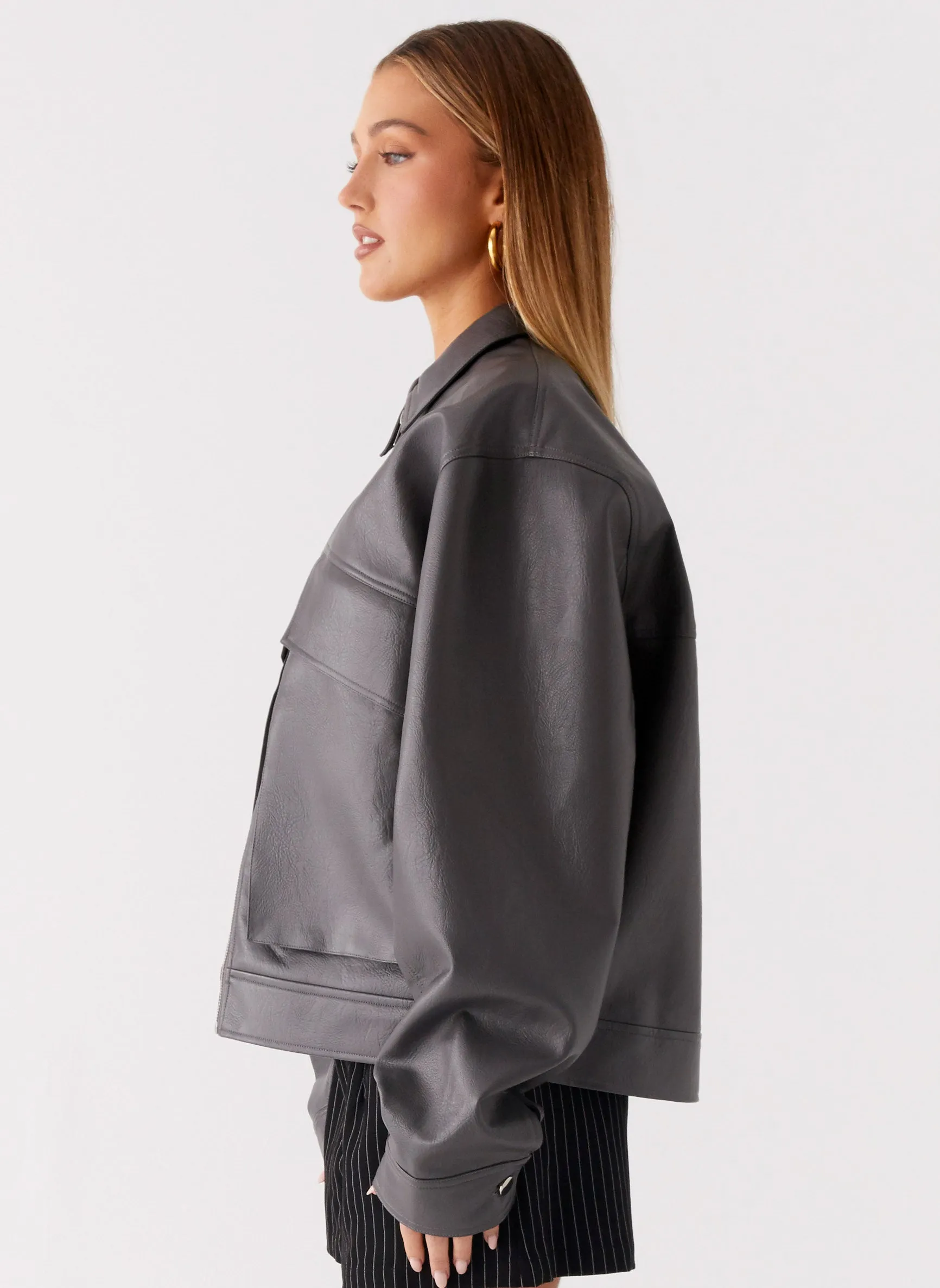 Flexible Layer System Lightweight Comfort Lula Faux Leather Bomber Jacket - Charcoal