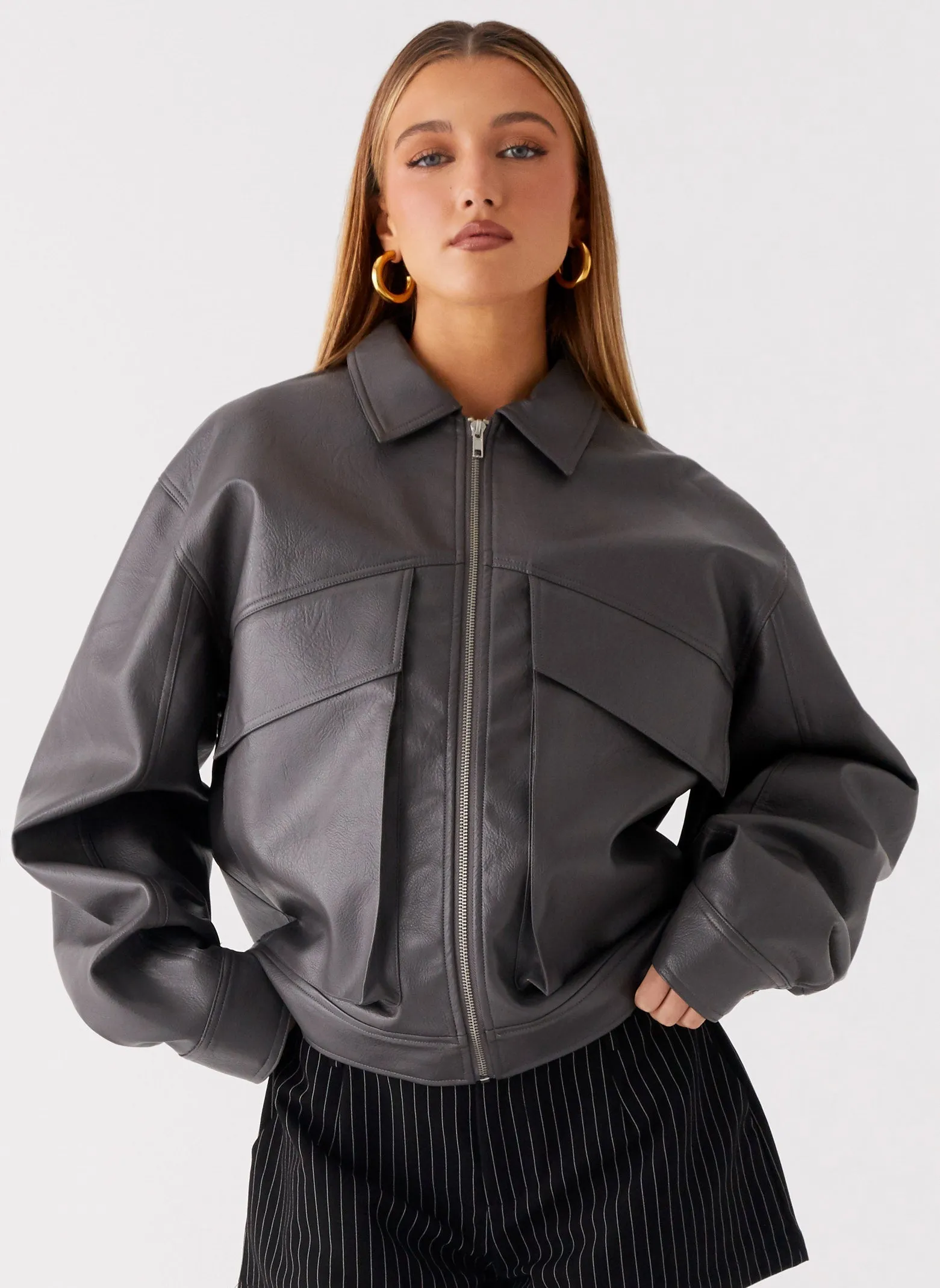 Sporty Touch Reinforced Elbows Lula Faux Leather Bomber Jacket - Charcoal
