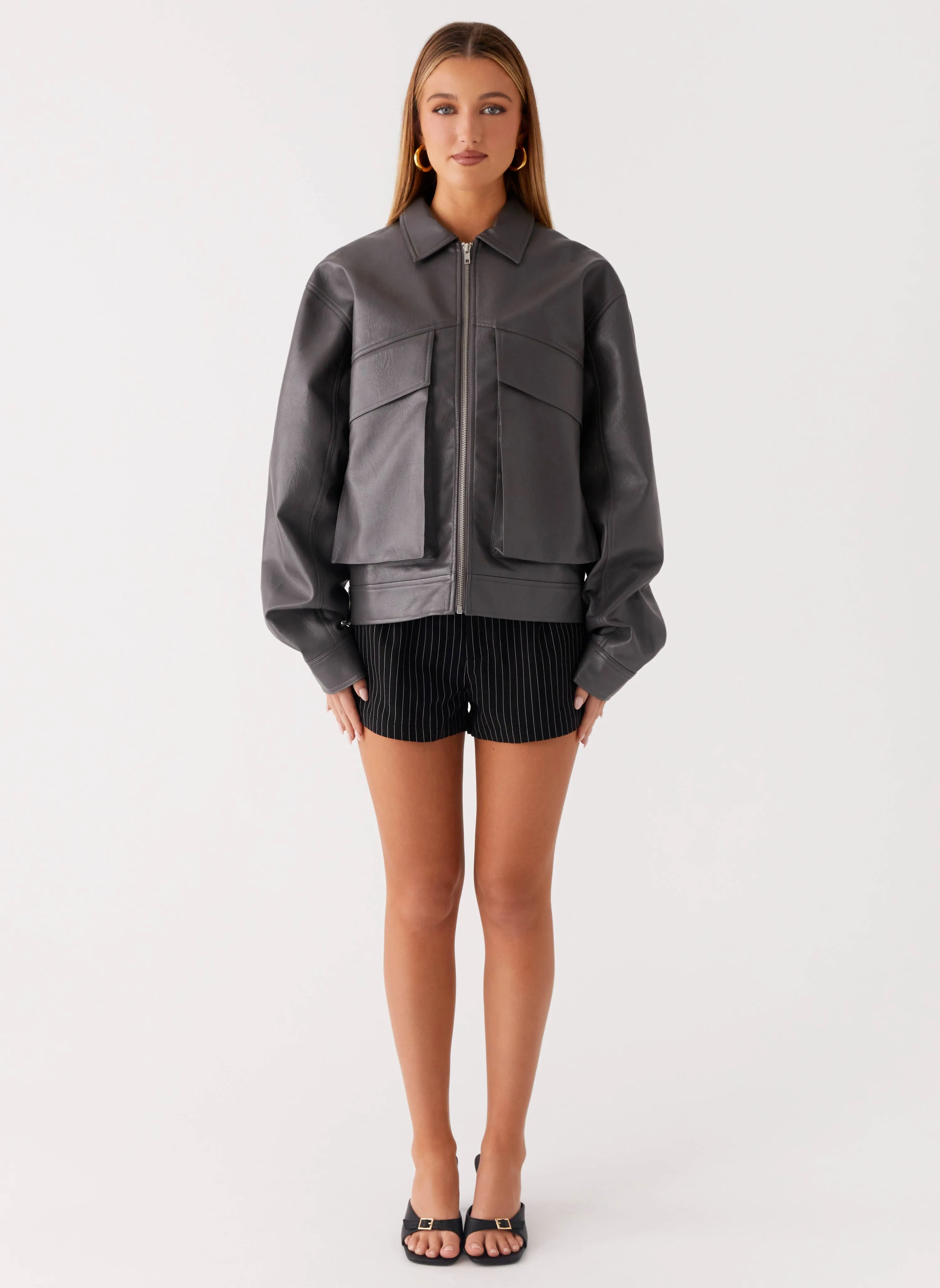 Essential City Look Lula Faux Leather Bomber Jacket - Charcoal
