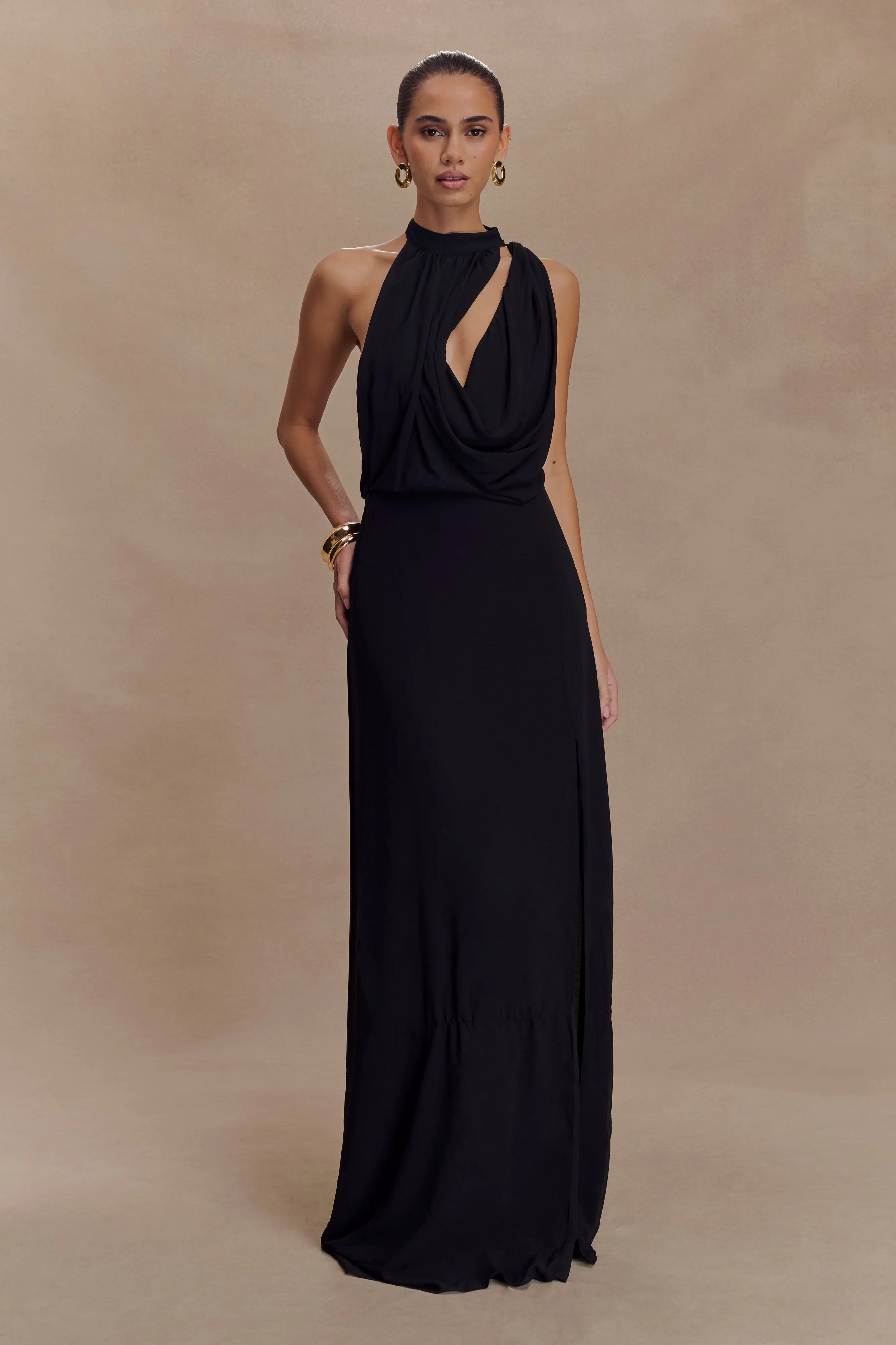 Galia Cowl Neck Maxi Dress - Black Boat-Neck WrinkleResistantFinish
