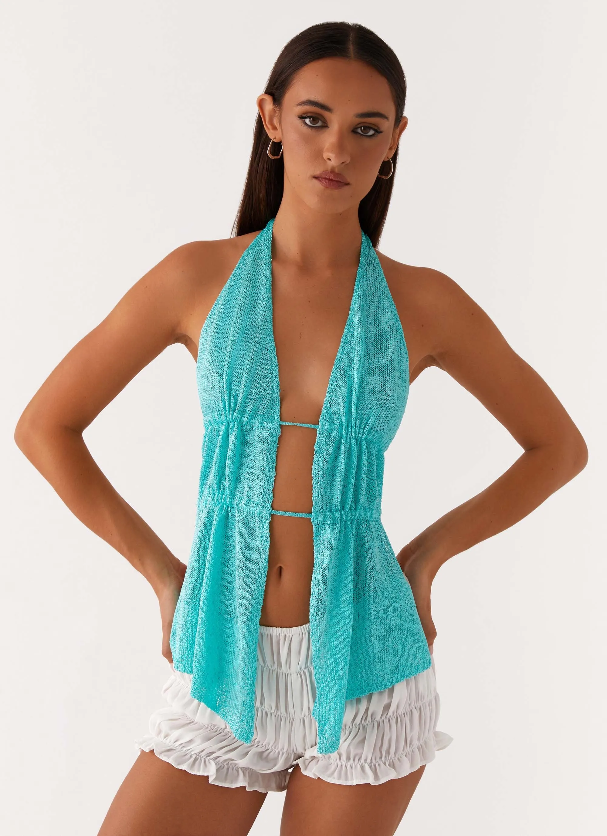 Layered Texture Callie Ruched Halterneck Top - Turquoise