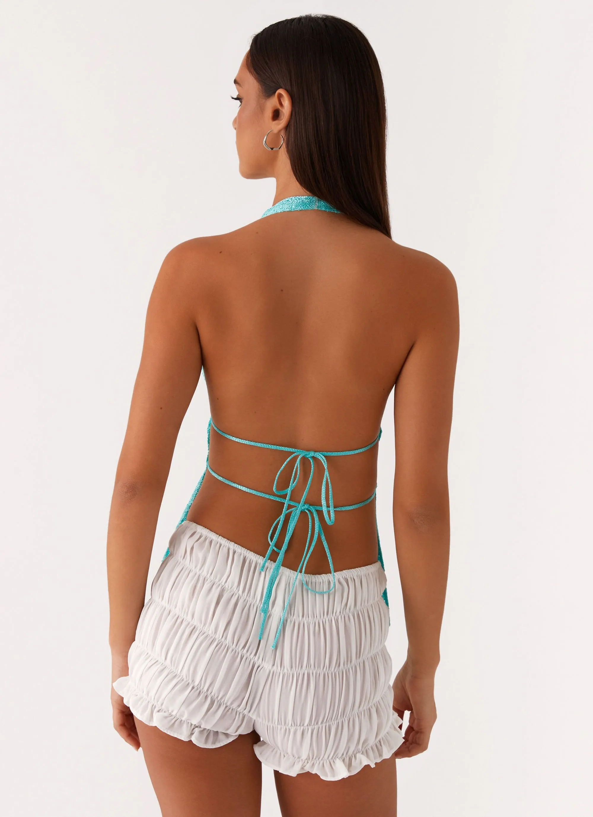 Lattice Pattern Callie Ruched Halterneck Top - Turquoise