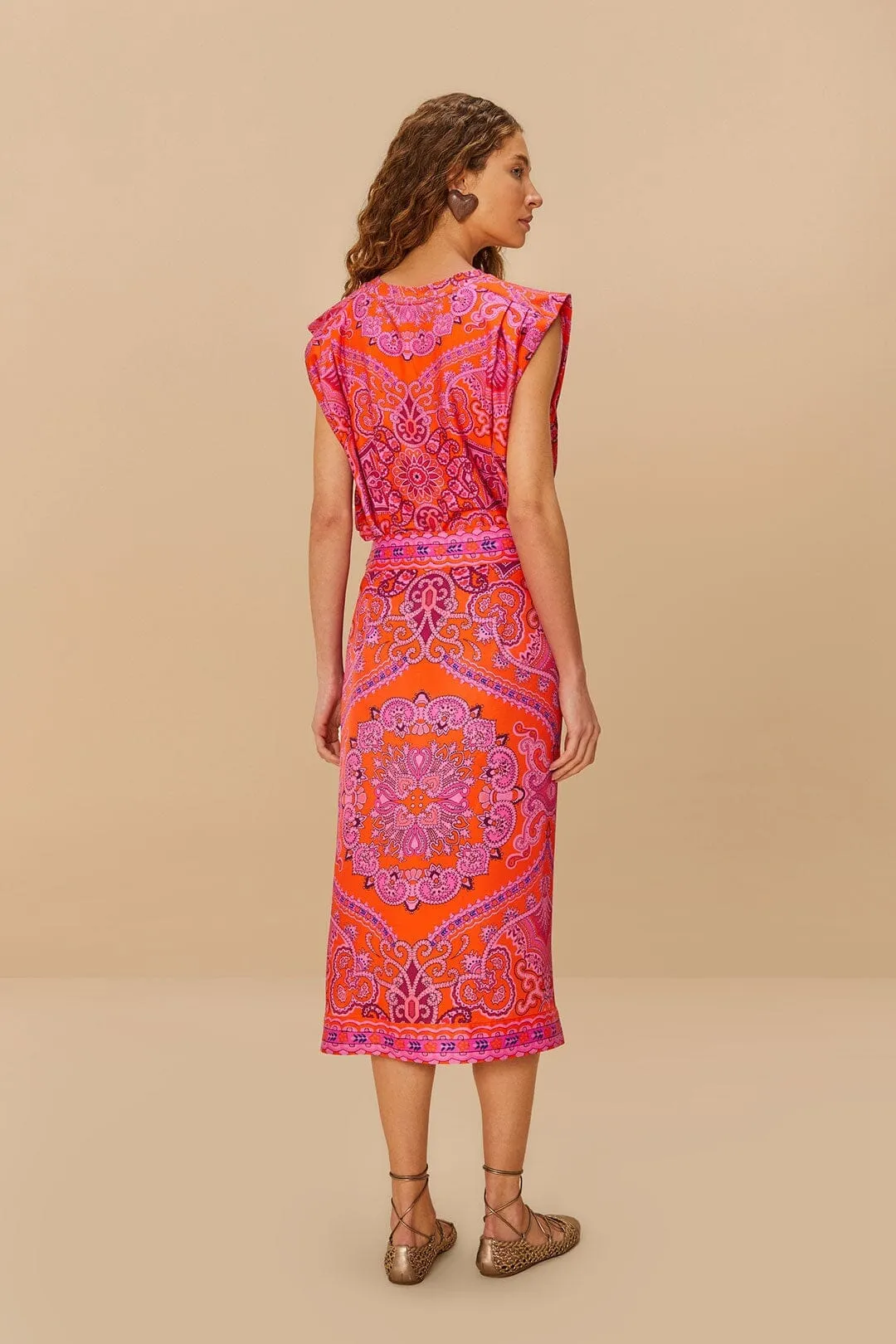 Red Paisley Scarf LENZING? ECOVERO? Viscose Midi Skirt Side Slit