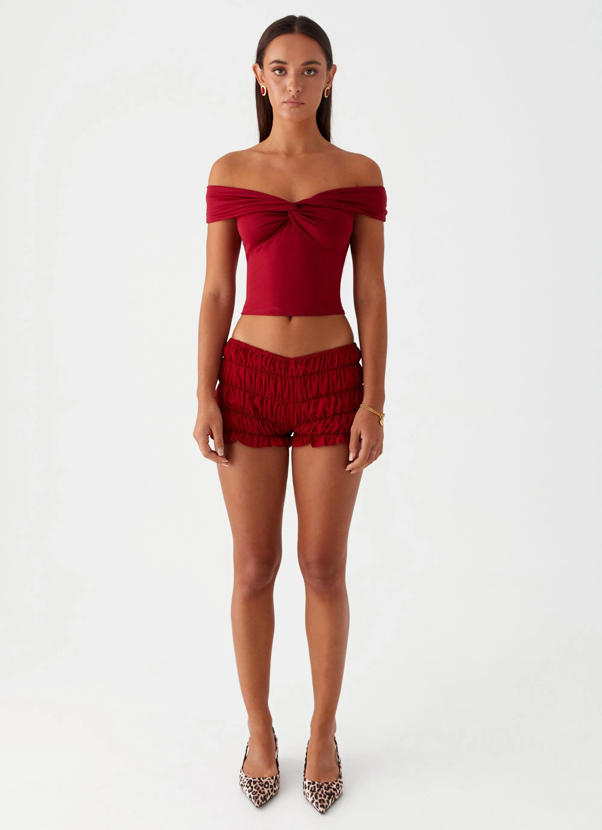 Girls Like Us Ruched Mini Shorts - Maroon WideLegOpening