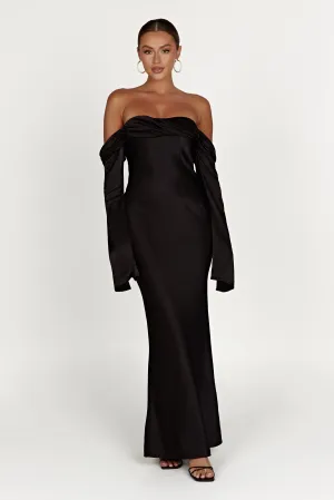 Subtle Motion Flexible Fabric Giselle Off Shoulder Cowl Neck Maxi Dress - Black