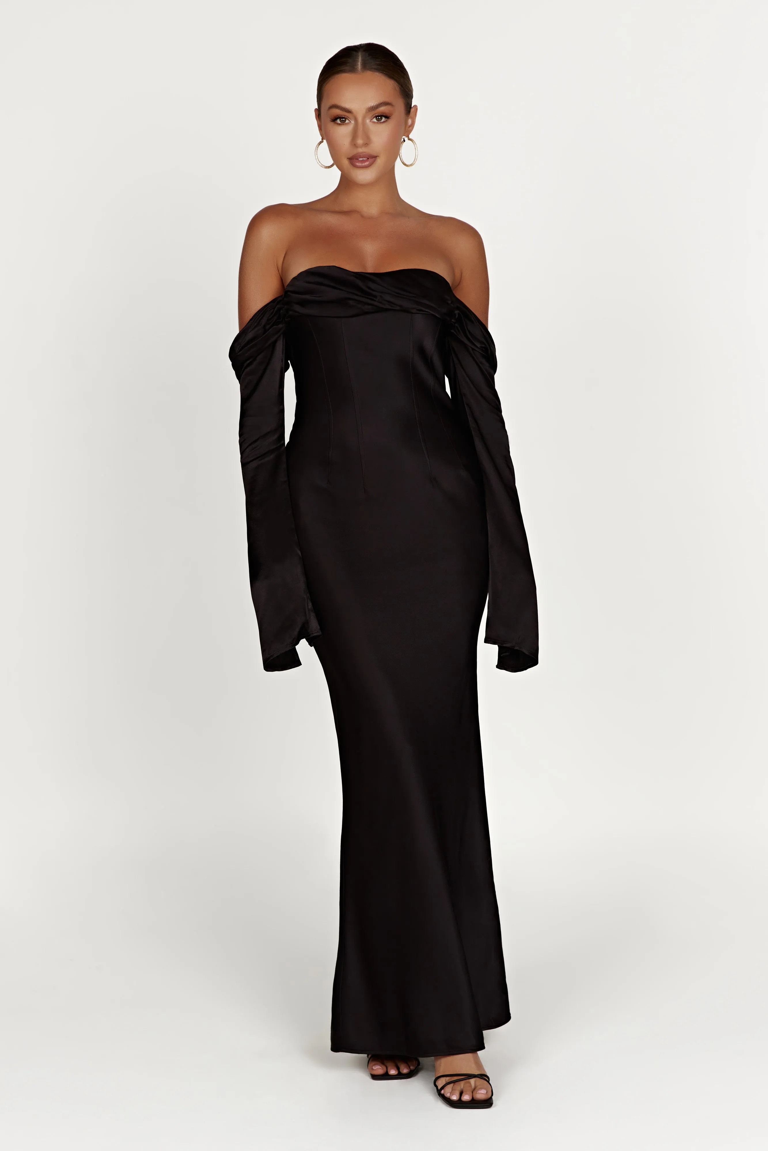 Subtle Motion Flexible Fabric Giselle Off Shoulder Cowl Neck Maxi Dress - Black