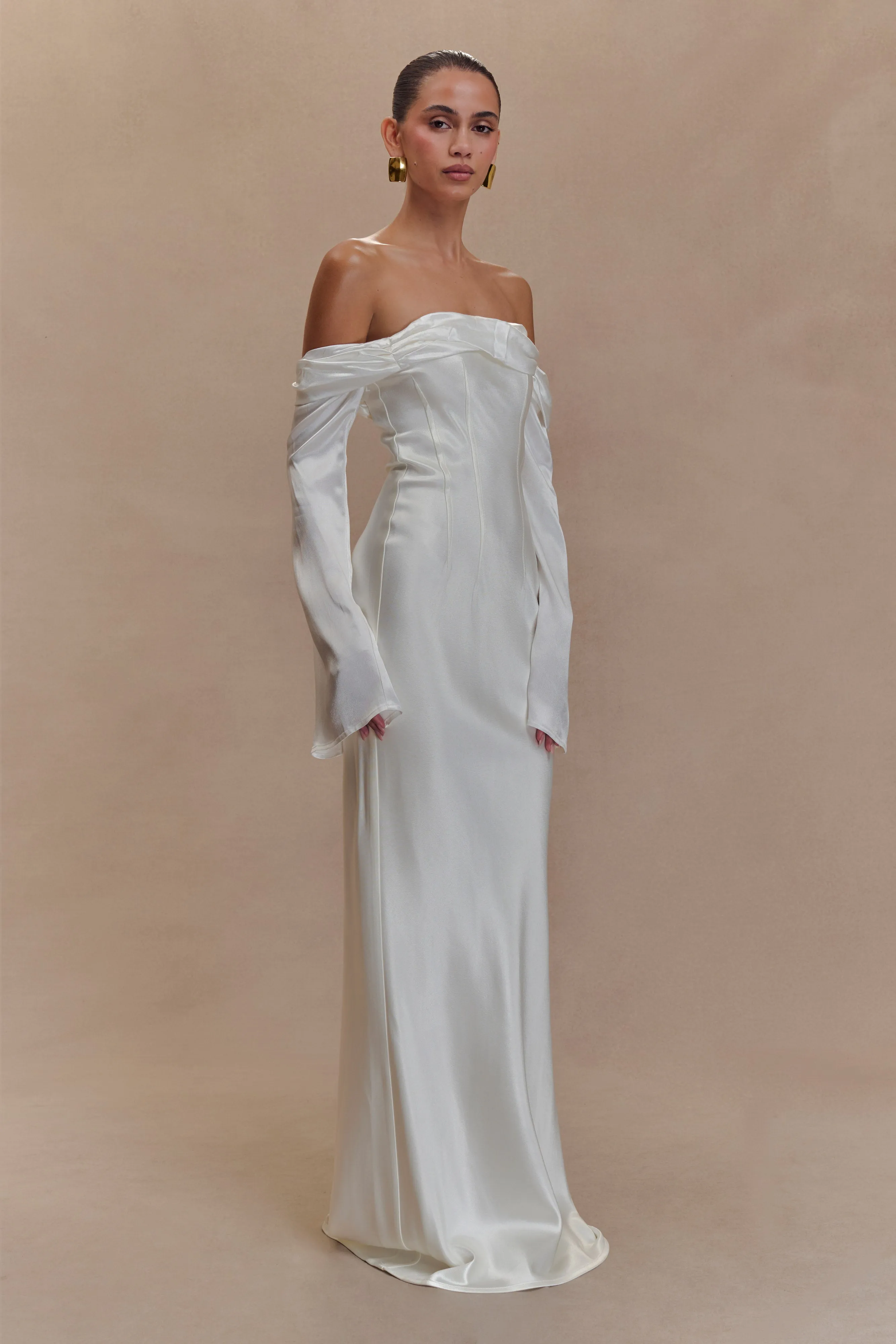 Country View Giselle Off Shoulder Cowl Neck Maxi Dress - White