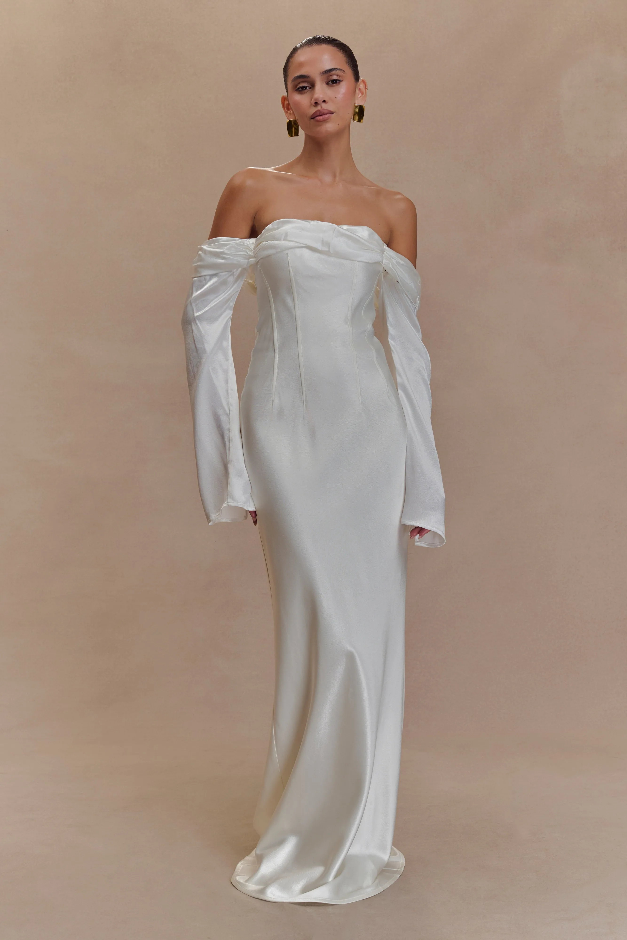 Bride Side Giselle Off Shoulder Cowl Neck Maxi Dress - White