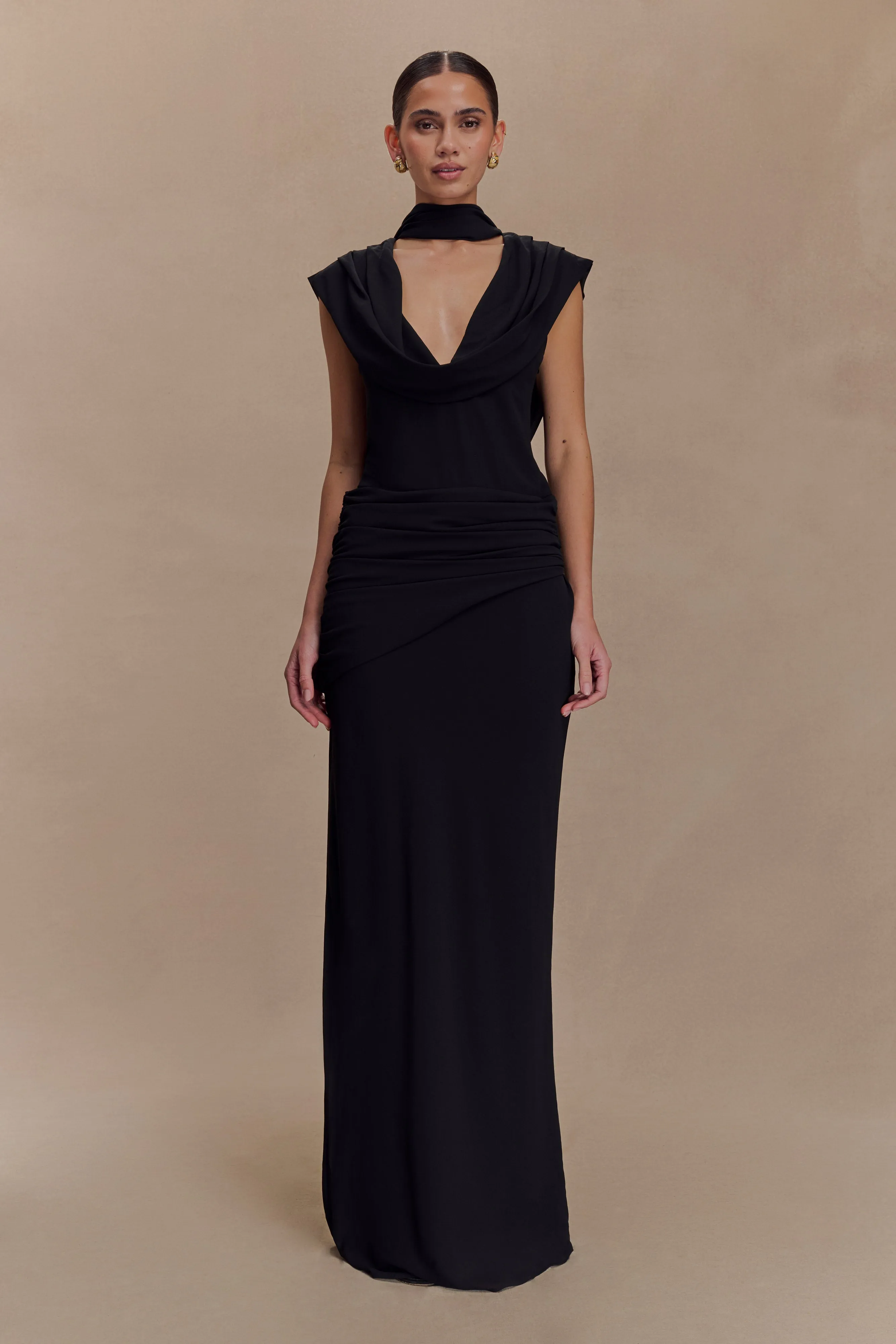 Giulia Chiffon Draped Maxi Dress - Black Smooth Detail Classic A-line design